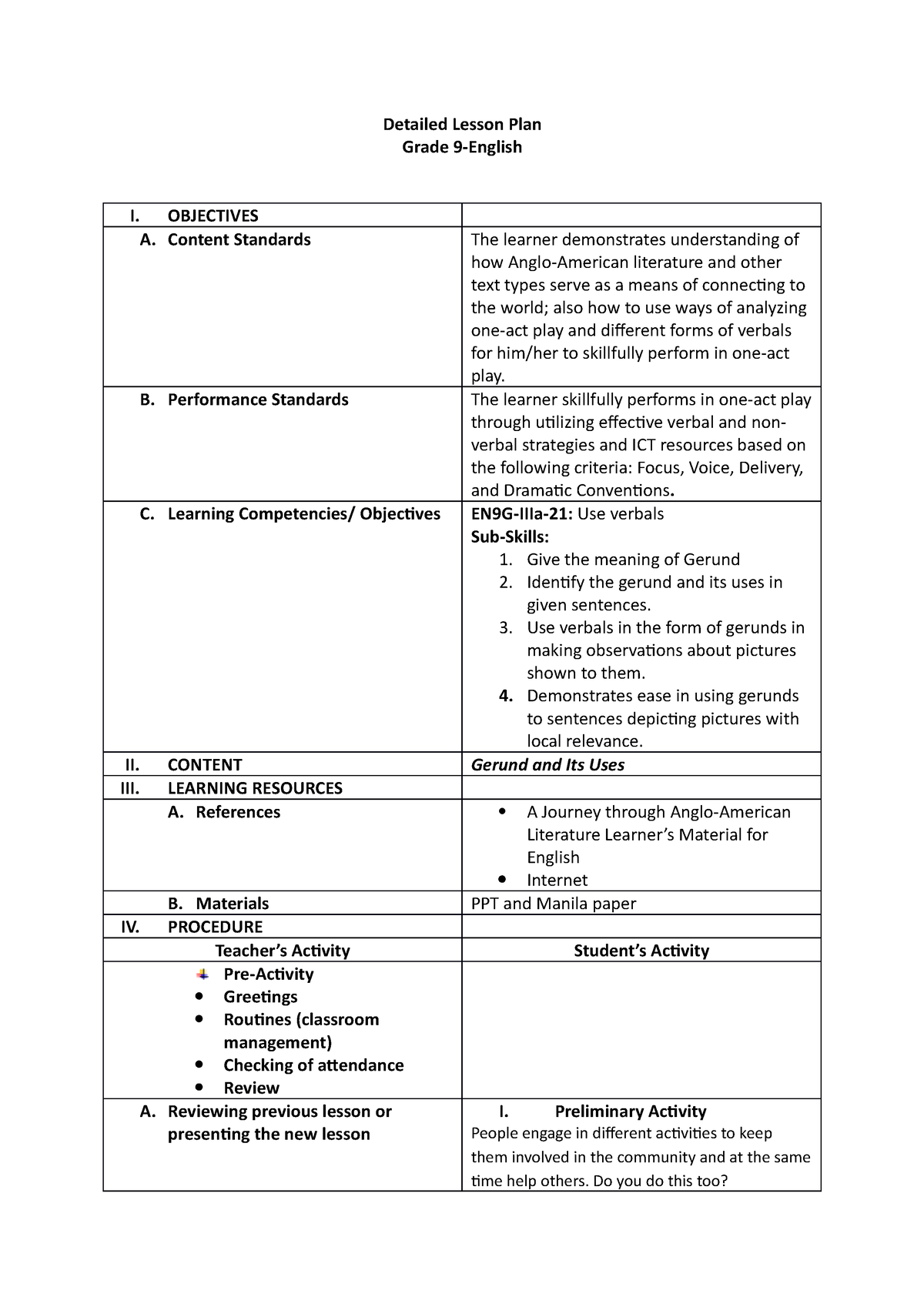 Lesson Plan About Gerunds Grade