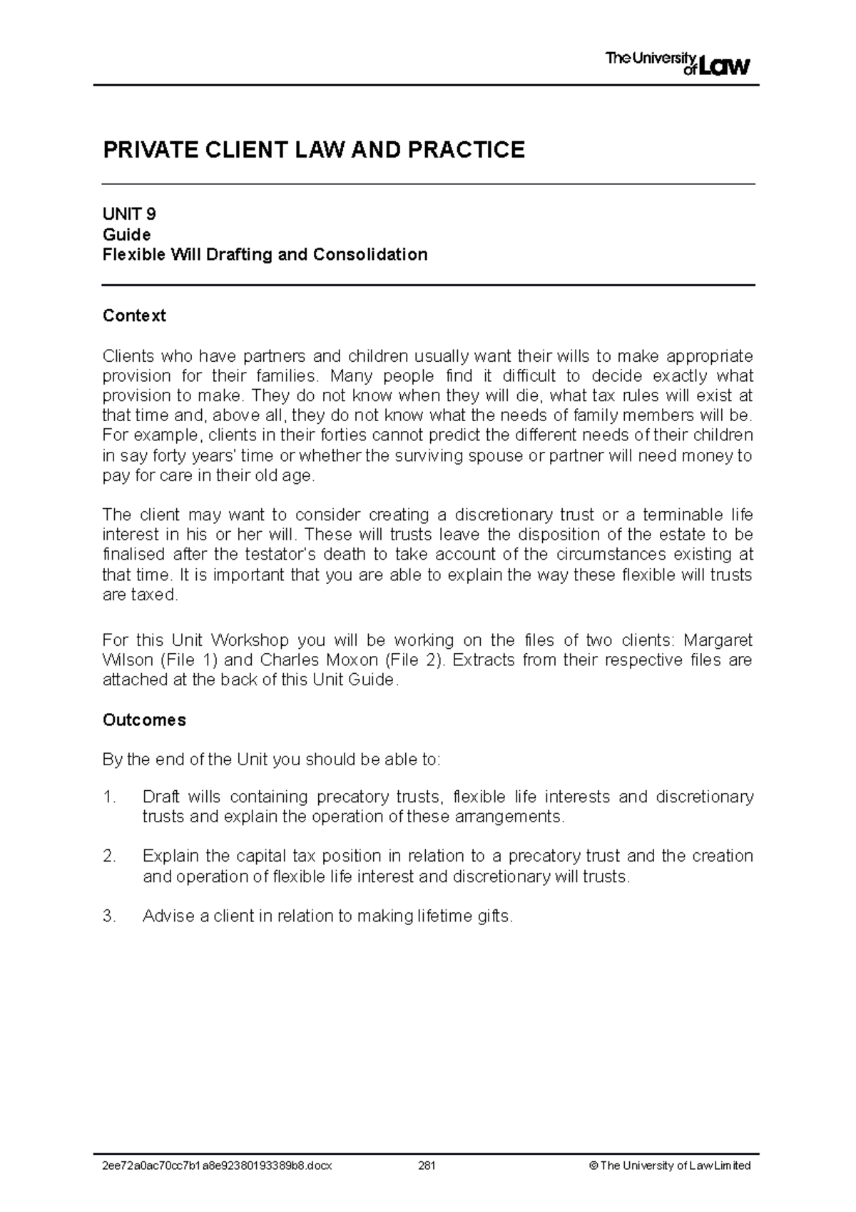 2122 priv ws09 ce01 guide t - PRIVATE CLIENT LAW AND PRACTICE UNIT 9 ...