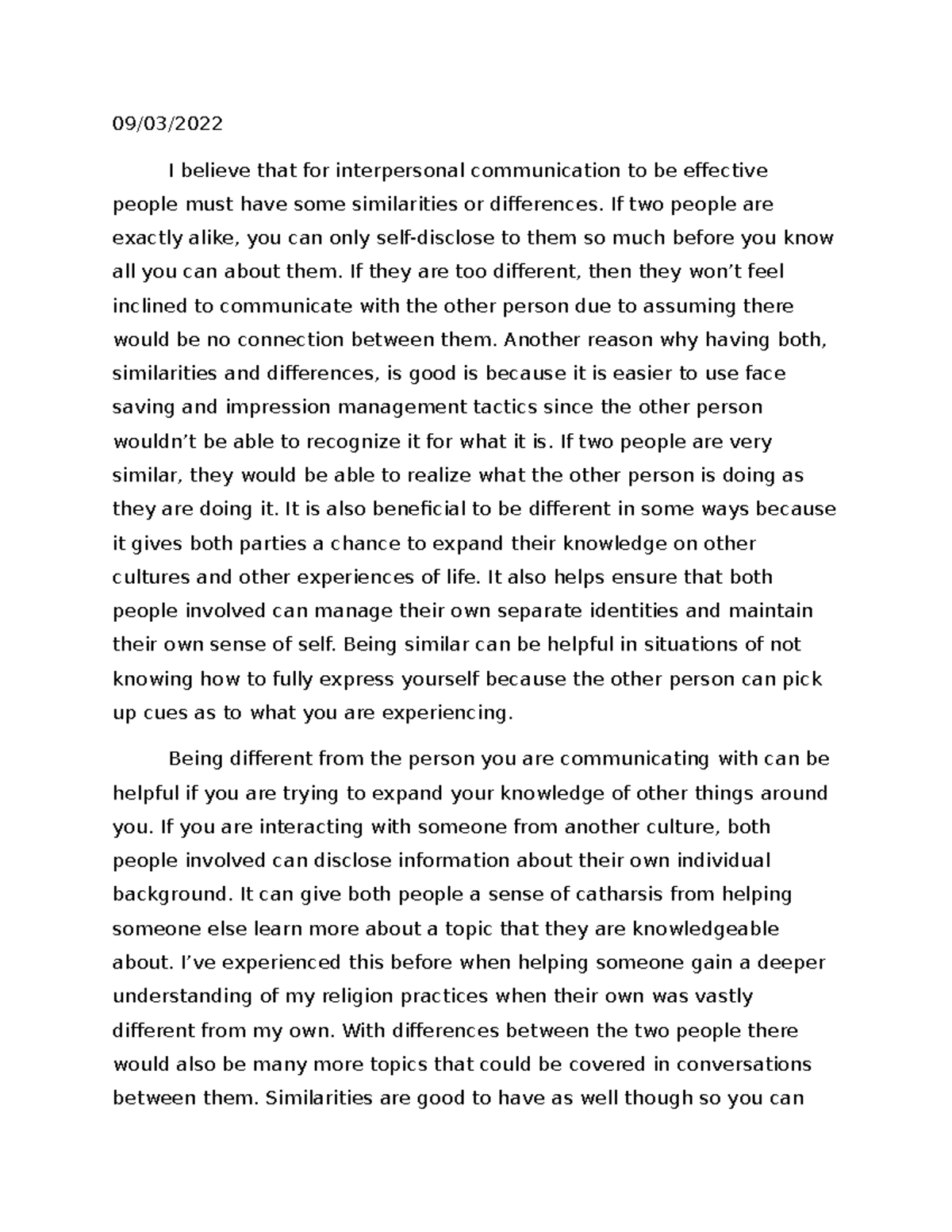 App paper - Essay for interpersonal communication - 09/03/ I believe ...