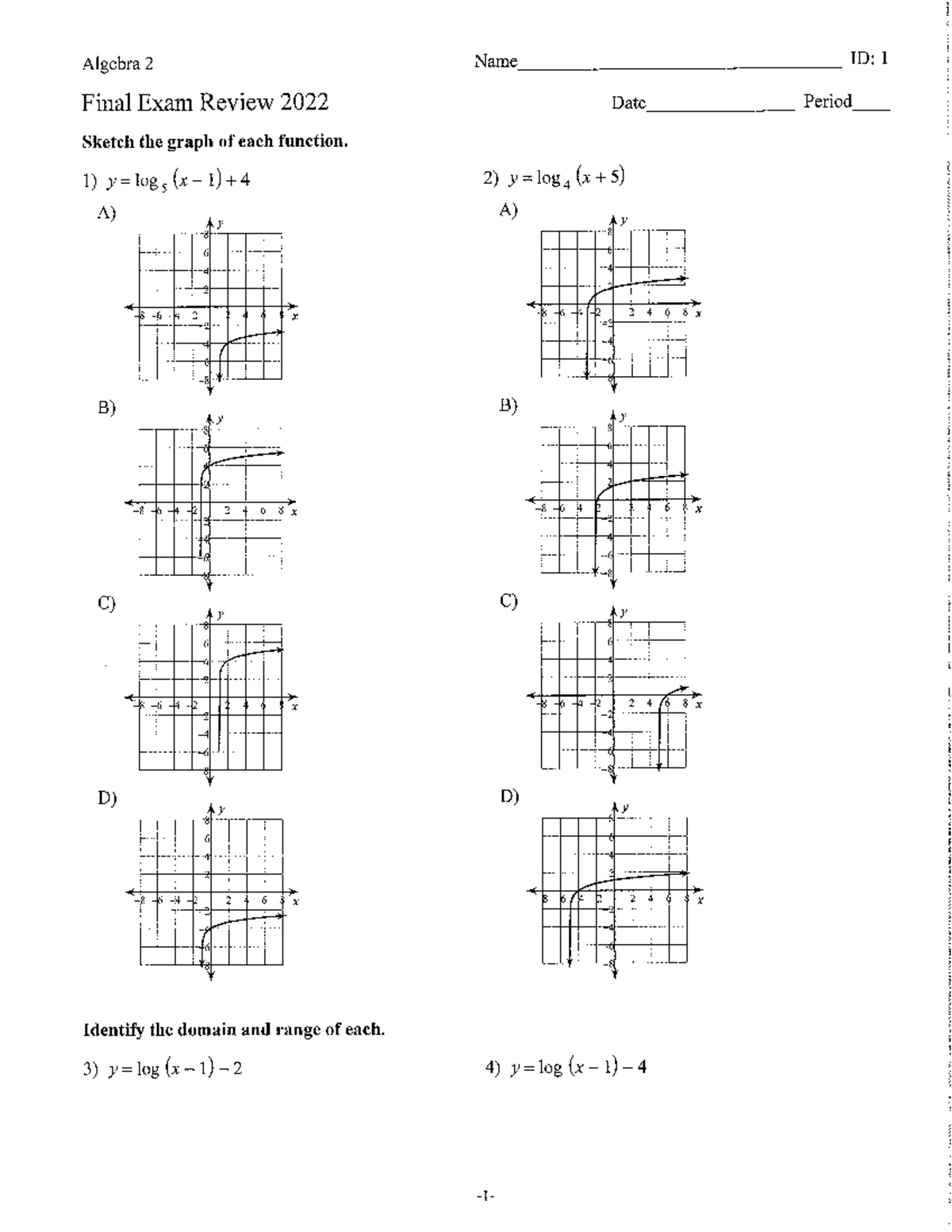 ALG 2 Hfinal Review WITH Answers 2022 - Algebra 2 Name ID: 1 Final Exam ...