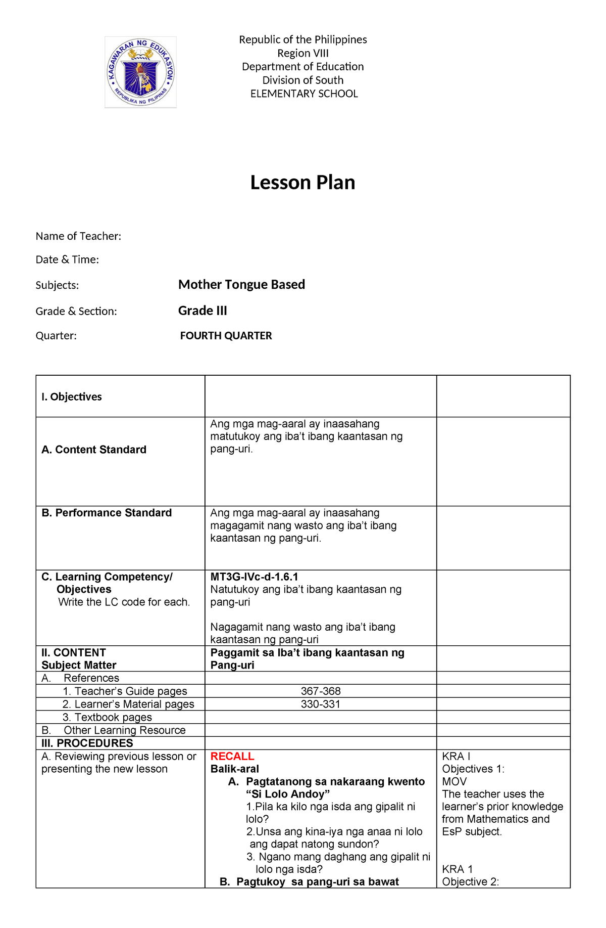 Paggamit Sa Iba’t Ibang Kaantasan Ng Pang-uri - Lesson Plan Name Of ...