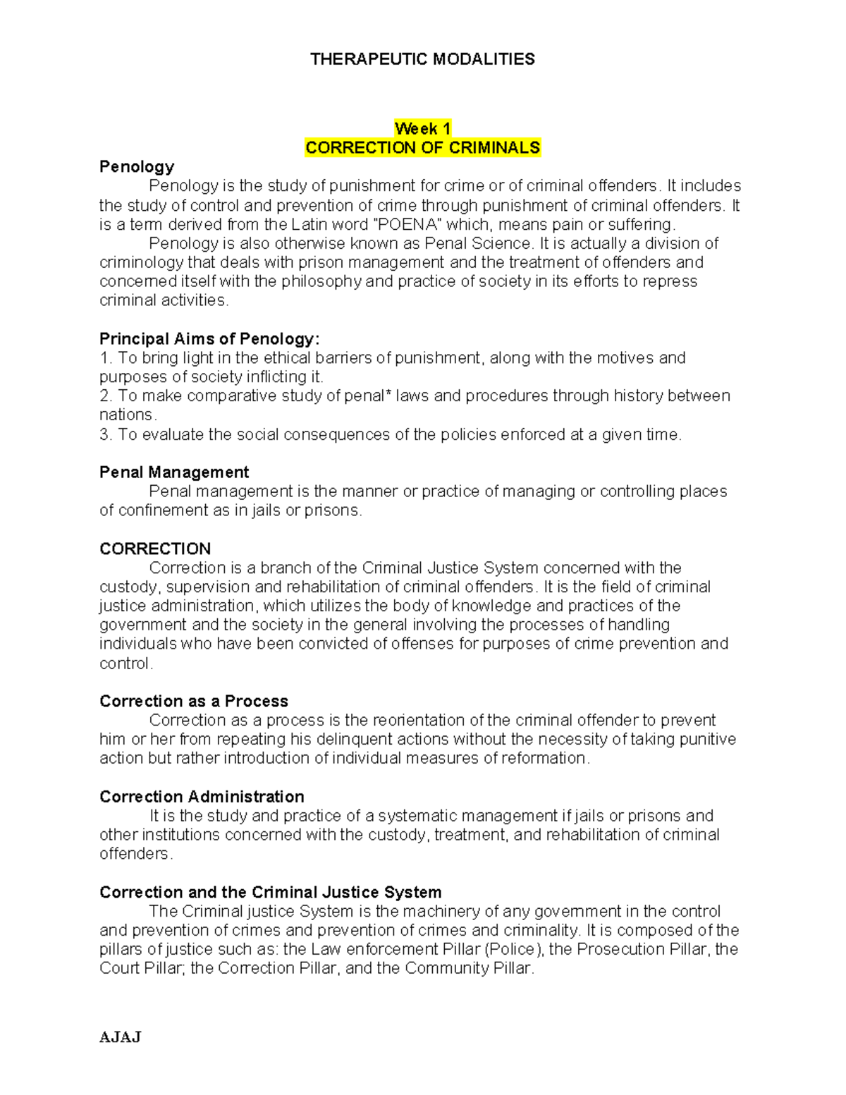3. Therapeutic-modalities - Week 1 CORRECTION OF CRIMINALS Penology ...