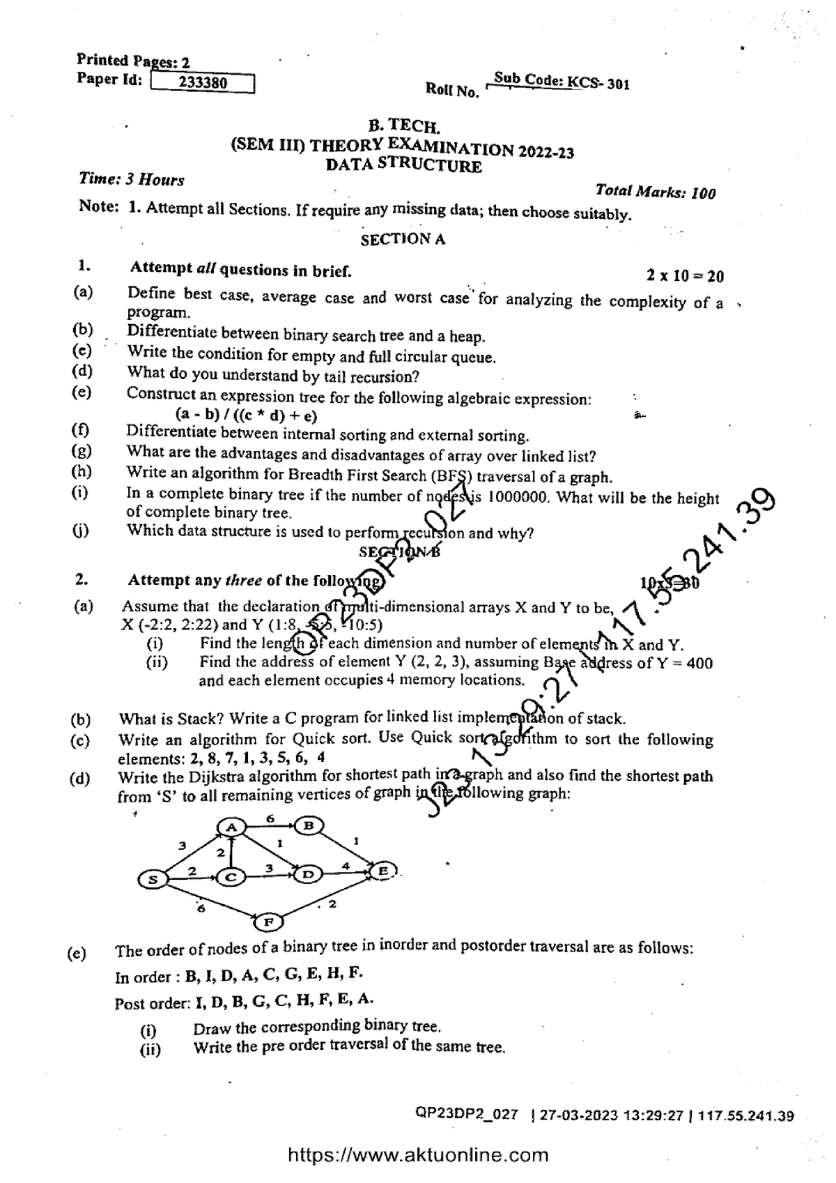 Btech cs 3 sem data structure kcs 301 2023 - B.tech - Studocu