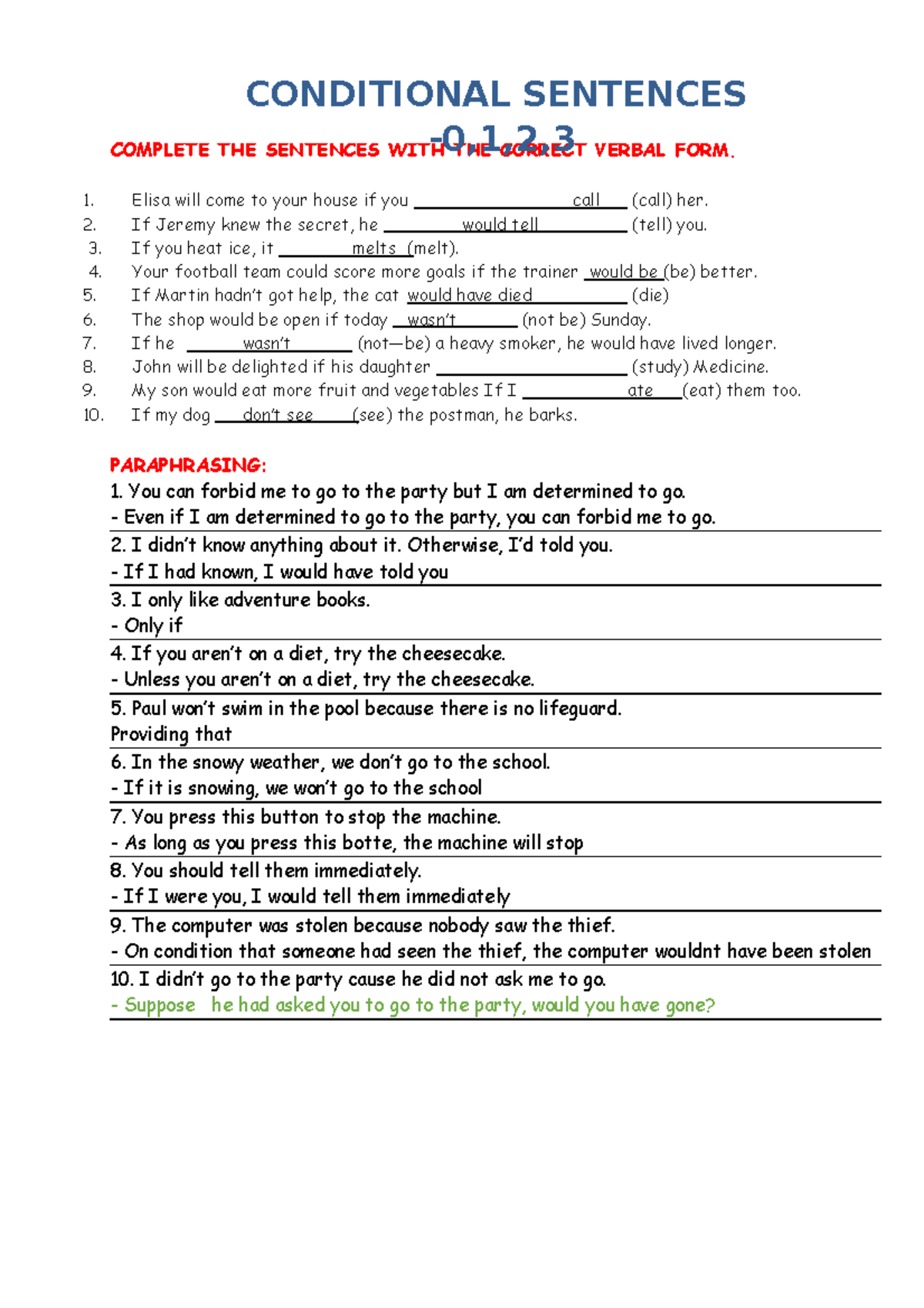 Conditional Sentences Revision 2022-23 - COMPLETE THE SENTENCES WITH ...