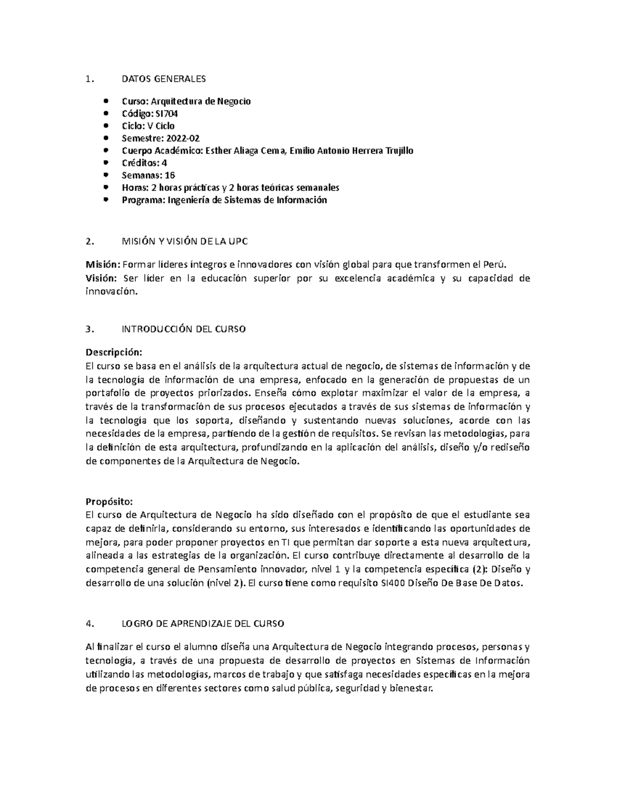 SI704 - Arquitectura De Negocio - 1. DATOS GENERALES Curso ...