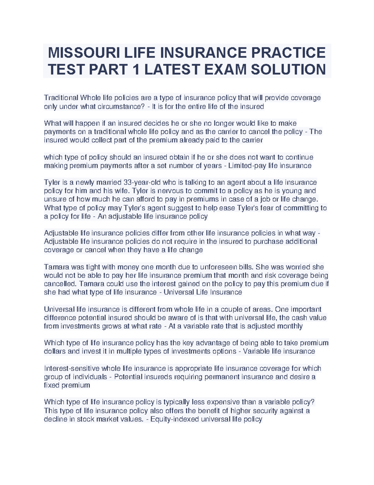 Missouri LIFE Insurance Practice TEST PART 1 Latest EXAM Solution