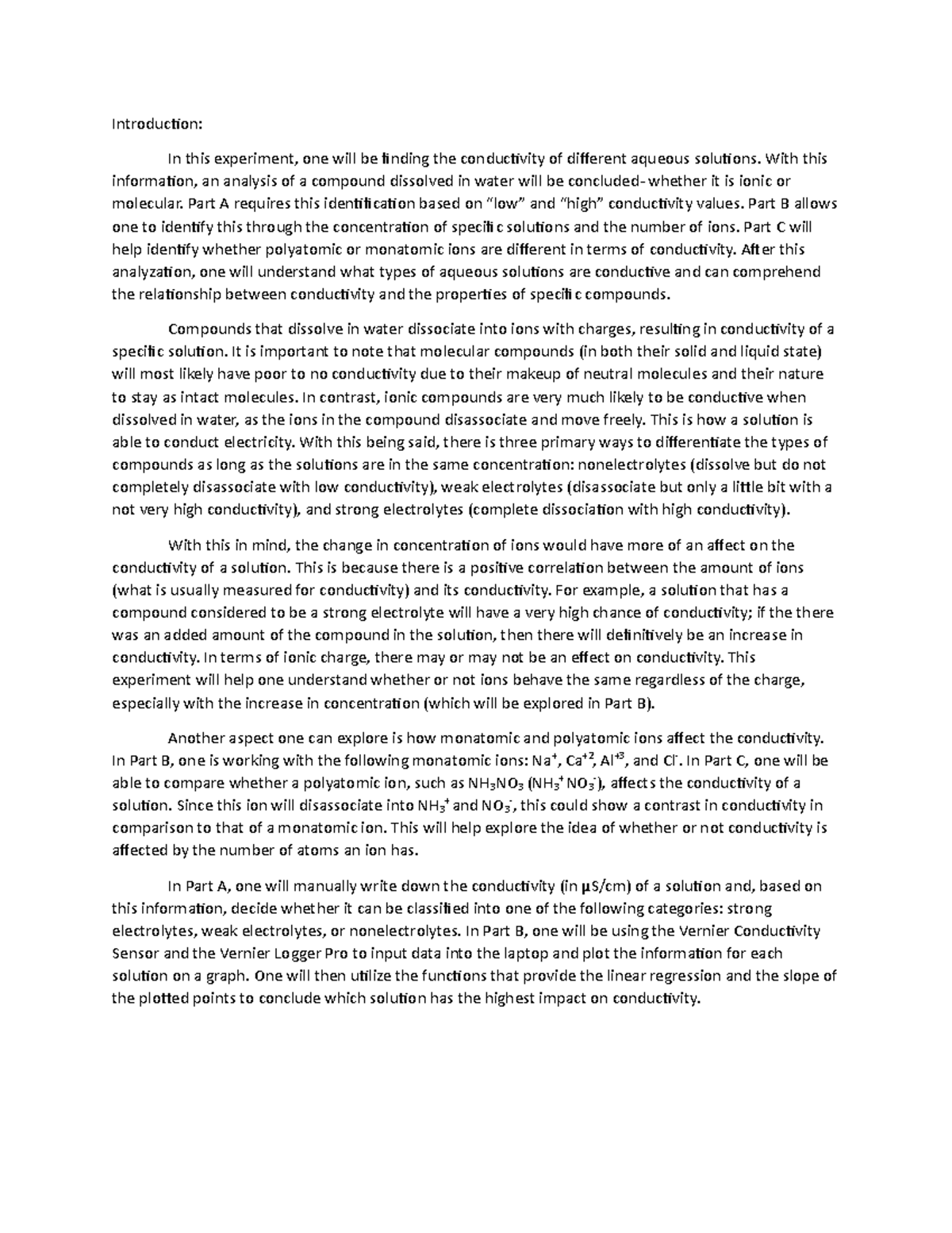 CHEM 101 Conductivity - Introduction: In this experiment, one will be ...