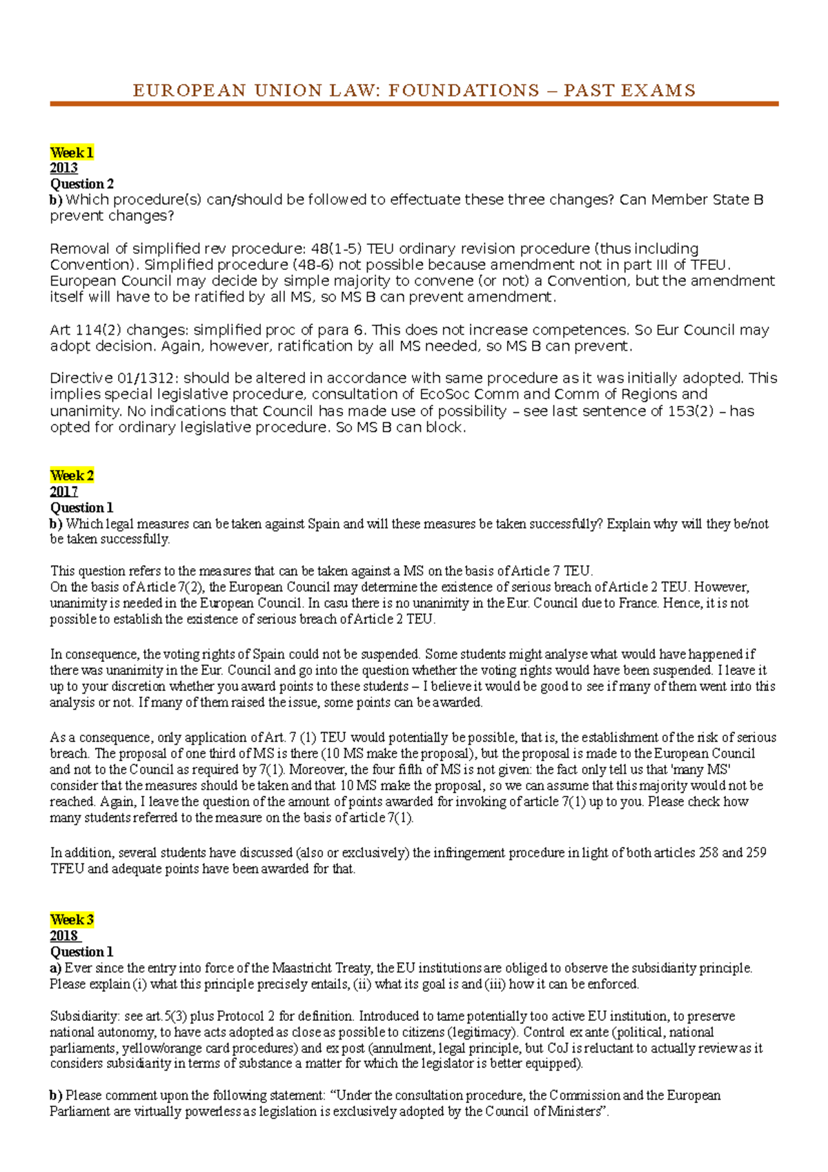 Summary of past exams EUROPEAN UNION LAW FOUNDATIONS PAST EXAMS