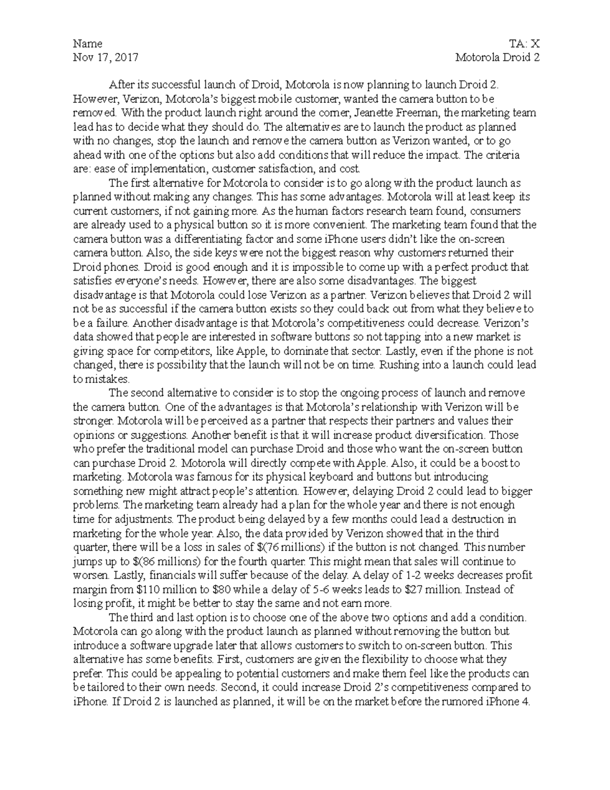 Droid case study - Name Nov 17, 2017 TA: X Motorola Droid 2 After its ...