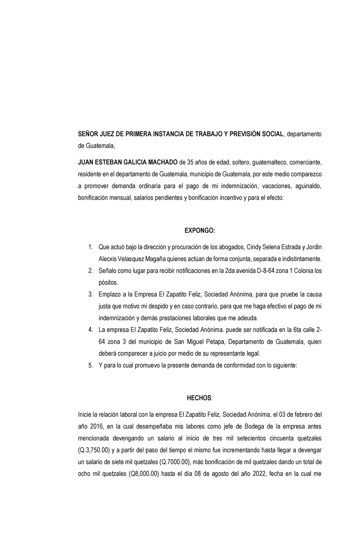 Demanda Laboral Y Posiciones - SE—OR JUEZ DE PRIMERA INSTANCIA DE ...