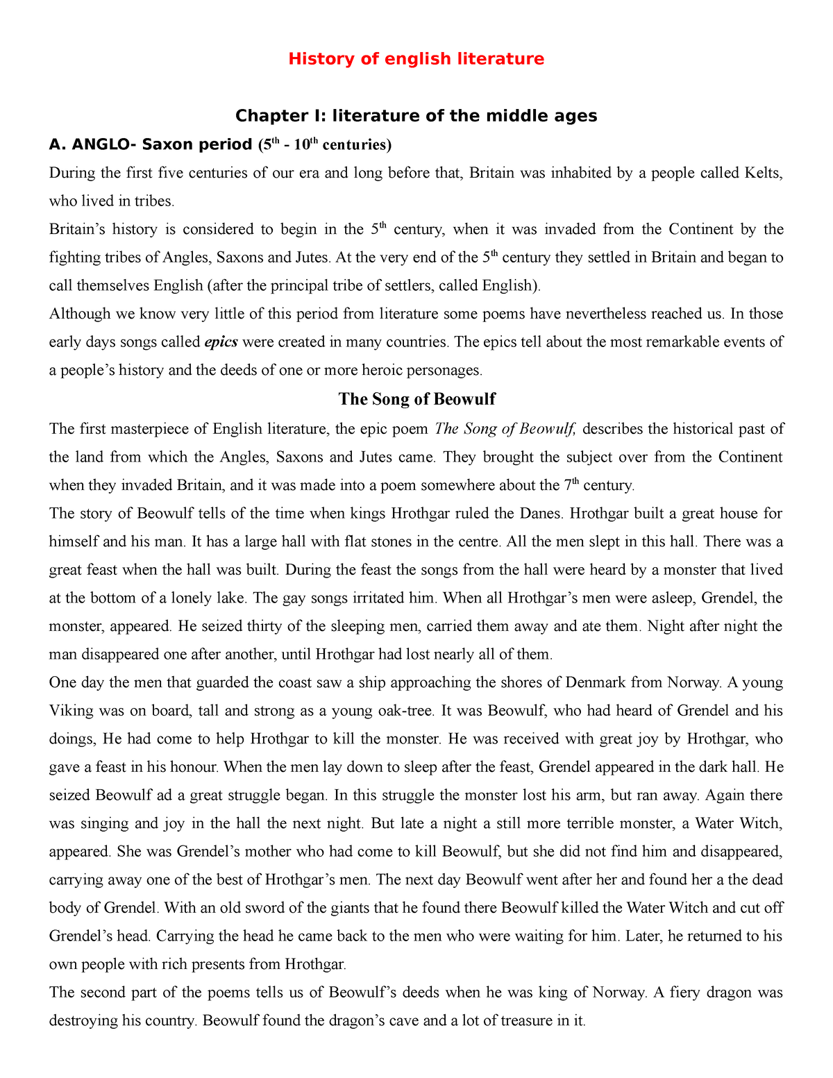 History Of English Literature History Of English Literature Chapter I 