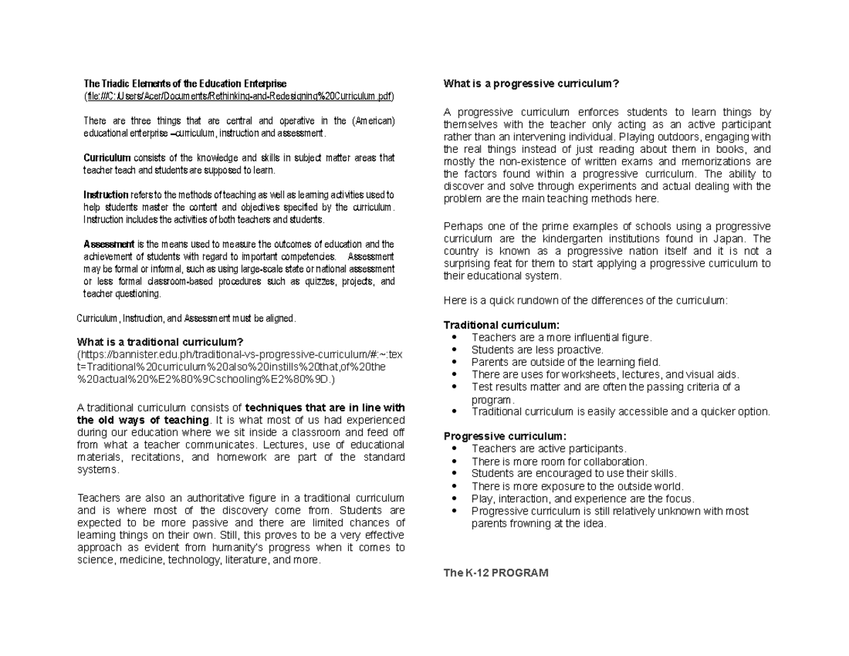 EDUC10- Notes - The Triadic Elements of the Education Enterprise - Studocu