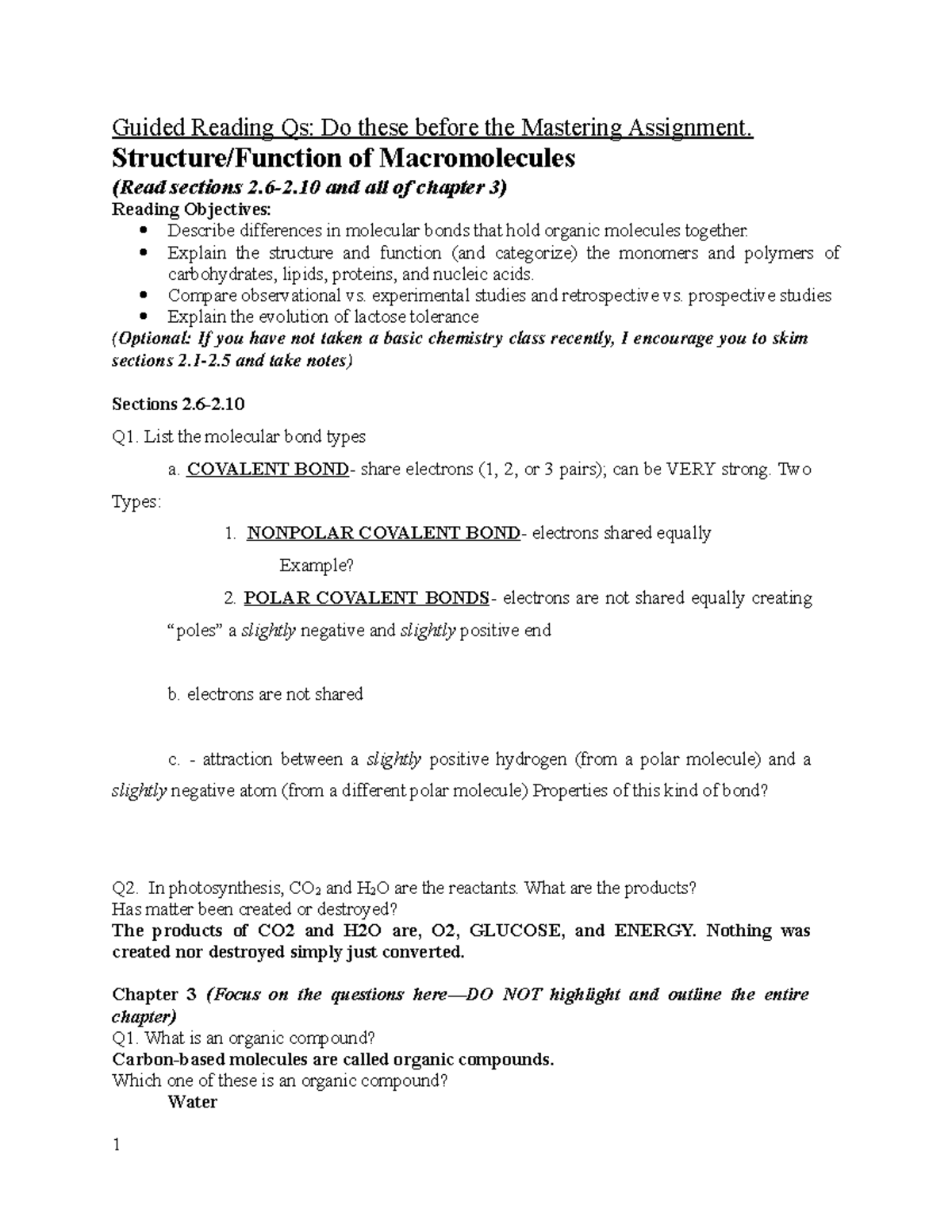 Lesson 2 GRQs Structure and Function of Macromolecules - BIOL 101 - UNC ...