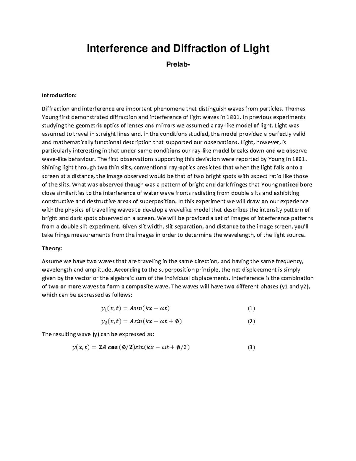 PCS 130 lab Interference and Diffraction of Light Interference and