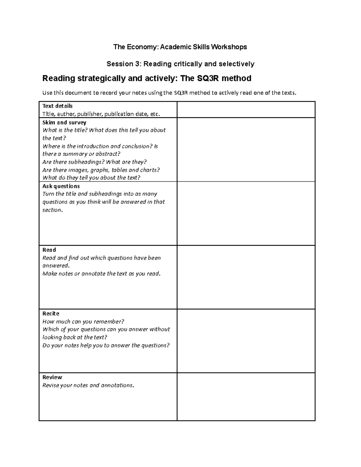 Session 3 - SQ3R Notes - The Economy: Academic Skills Workshops Session ...