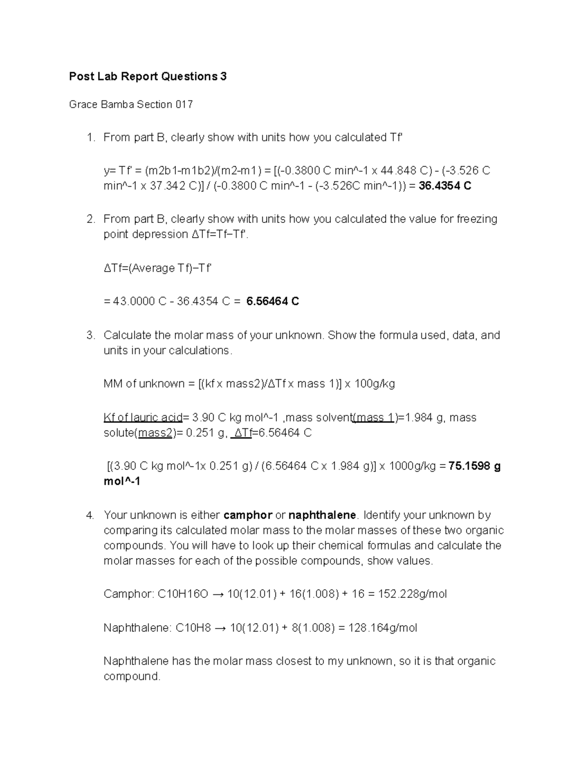 Determination of Molar Mass by Freezing Point - Post Lab Report ...