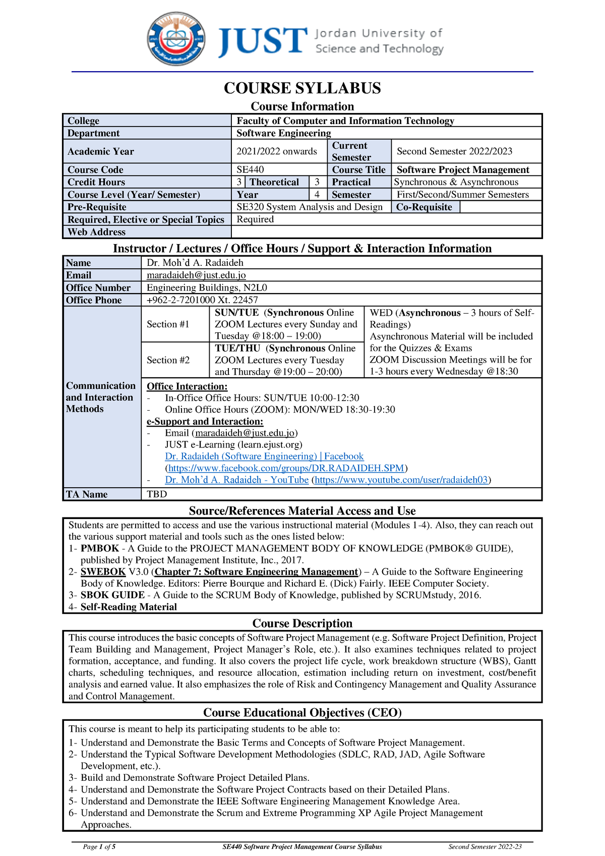 Course Syllabus - Second Semester 2022-23 - COURSE SYLLABUS Course ...