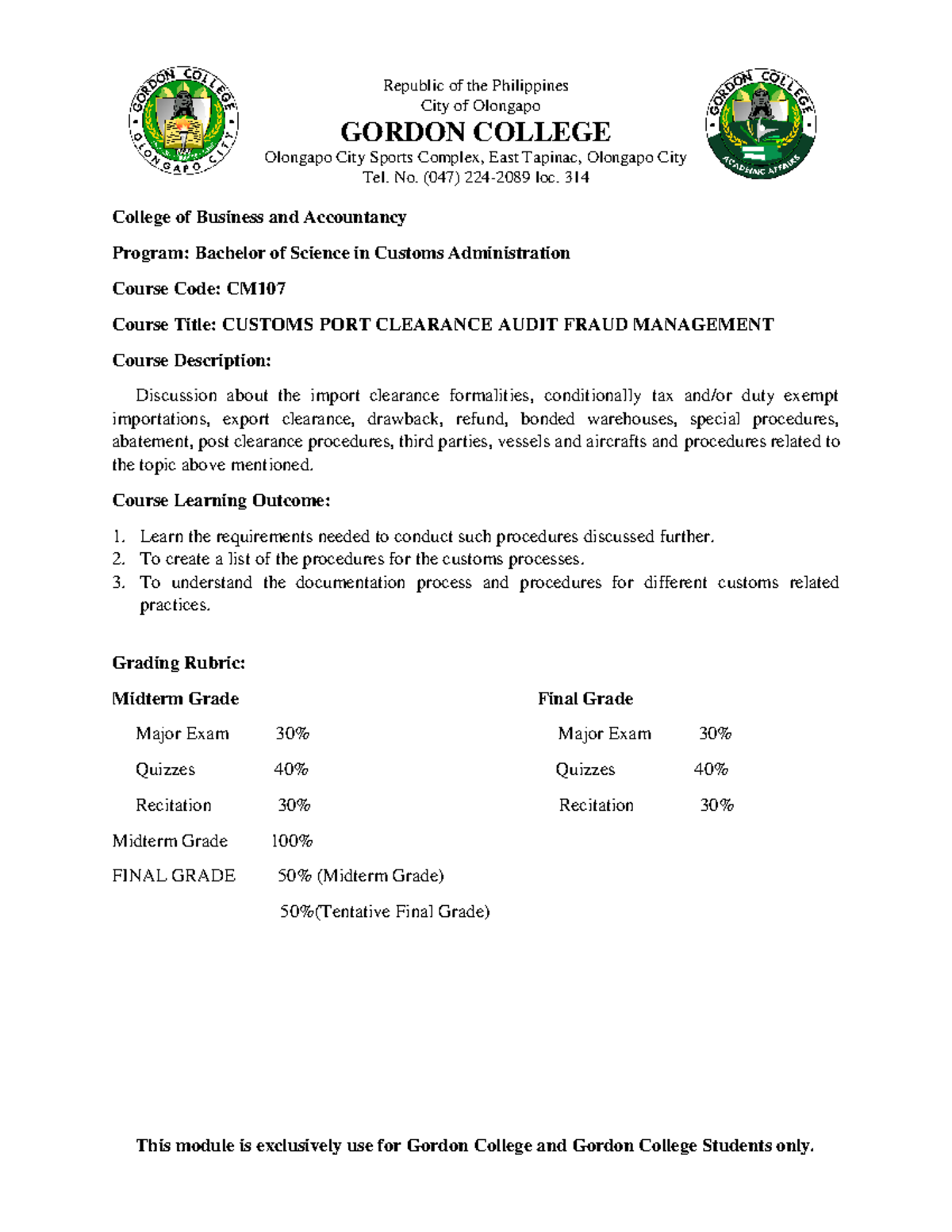 CM107-NEW - Customs Administration - City of Olongapo GORDON COLLEGE ...