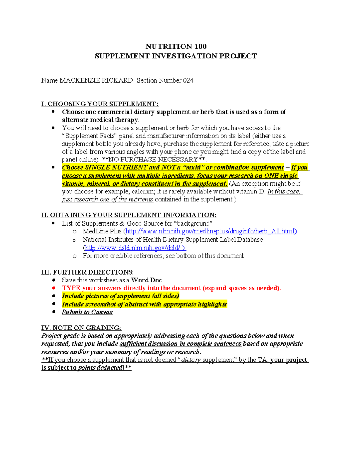Supplement project - NUTRITION 100 SUPPLEMENT INVESTIGATION PROJECT ...