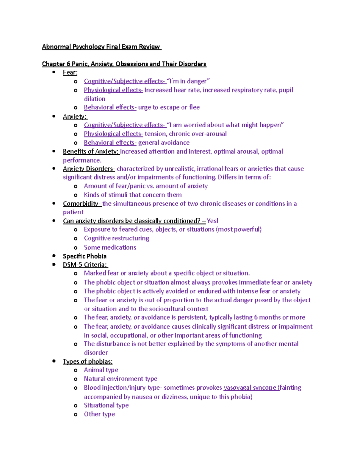 Abnormal Psychology Final Exam Review - Anxiety Disorders ...