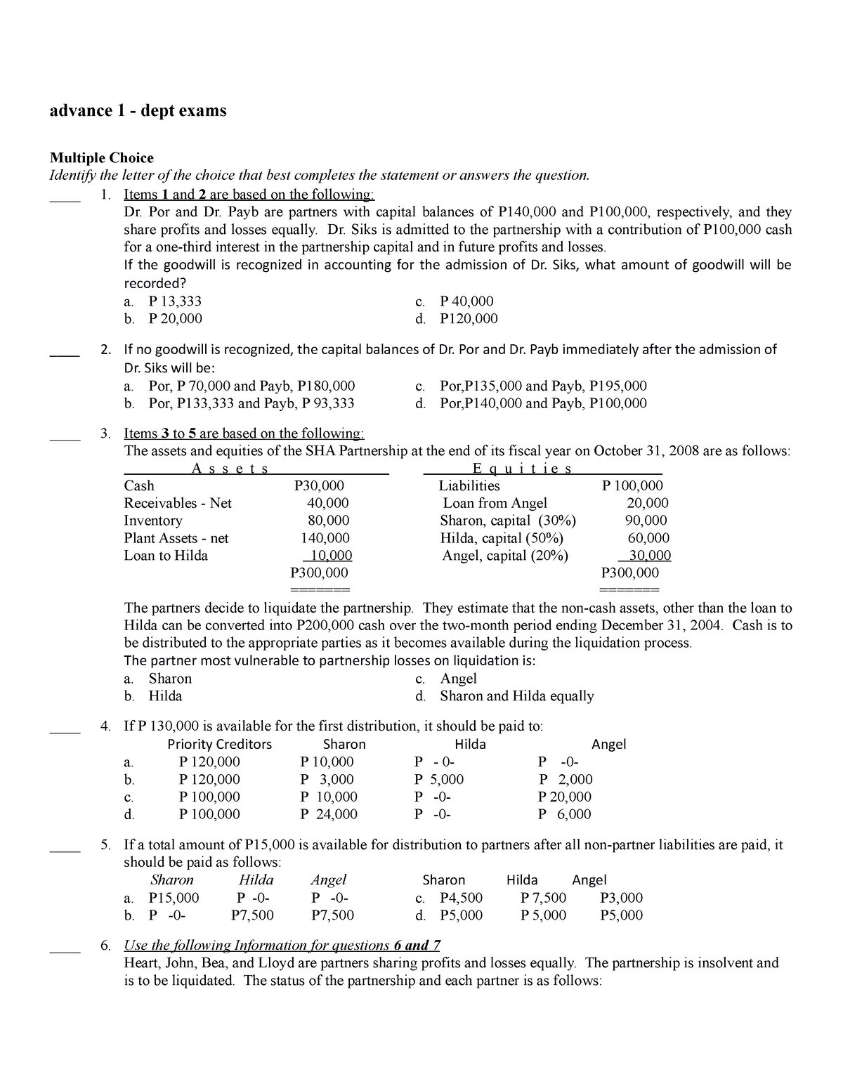 Dept exams Advance with answer - advance 1 - dept exams Multiple Choice ...