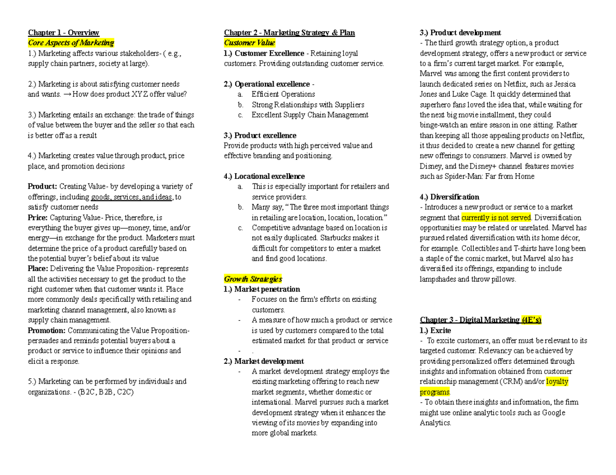 Mkt 3000 Midterm 1 Study Guide - Chapter 1 - Overview Core Aspects Of ...