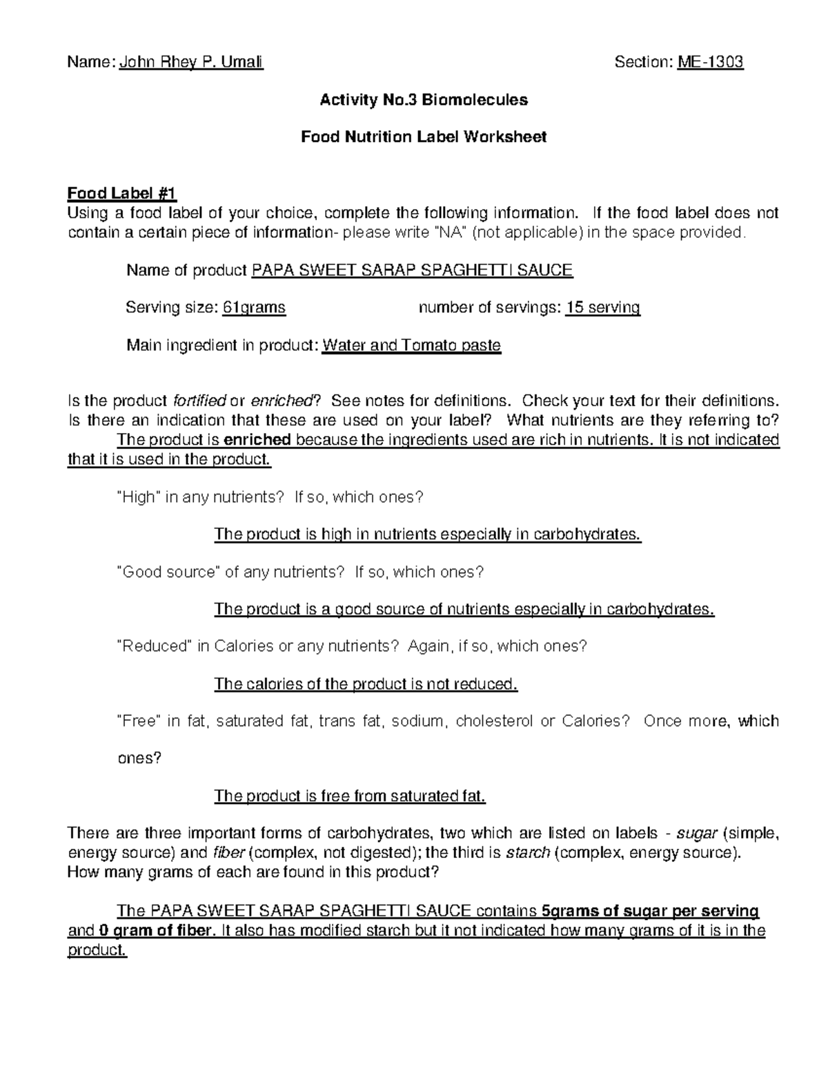 Activity no.3_Biomolecules_Food Label Worksheet Name John Rhey P. Umali Section ME Activity