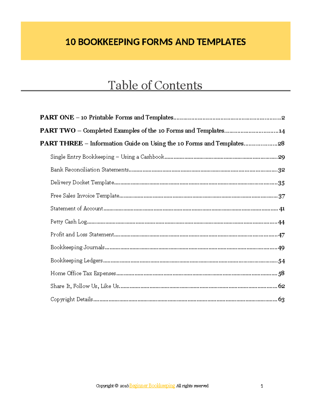 10 free bookkeeping forms and templates - Table of Contents PART ONE ...