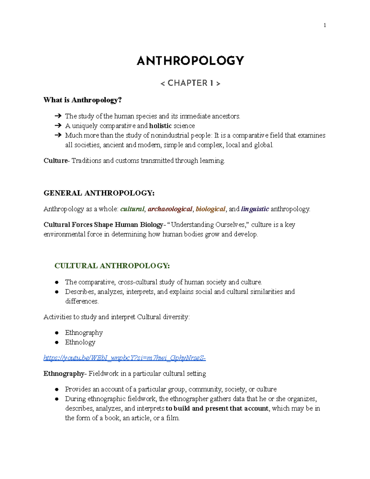 ANT101 Notes - ANTHROPOLOGY What is Anthropology? The study of the ...