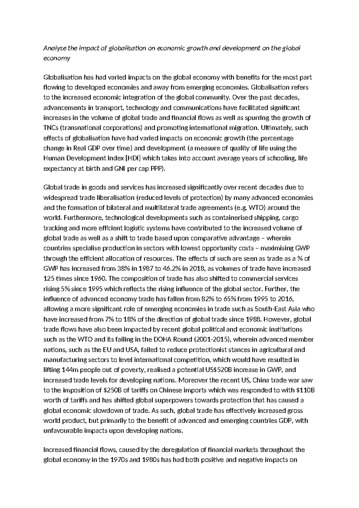 Globalisation topic 1 - n/a - Analyse the impact of globalisation on ...