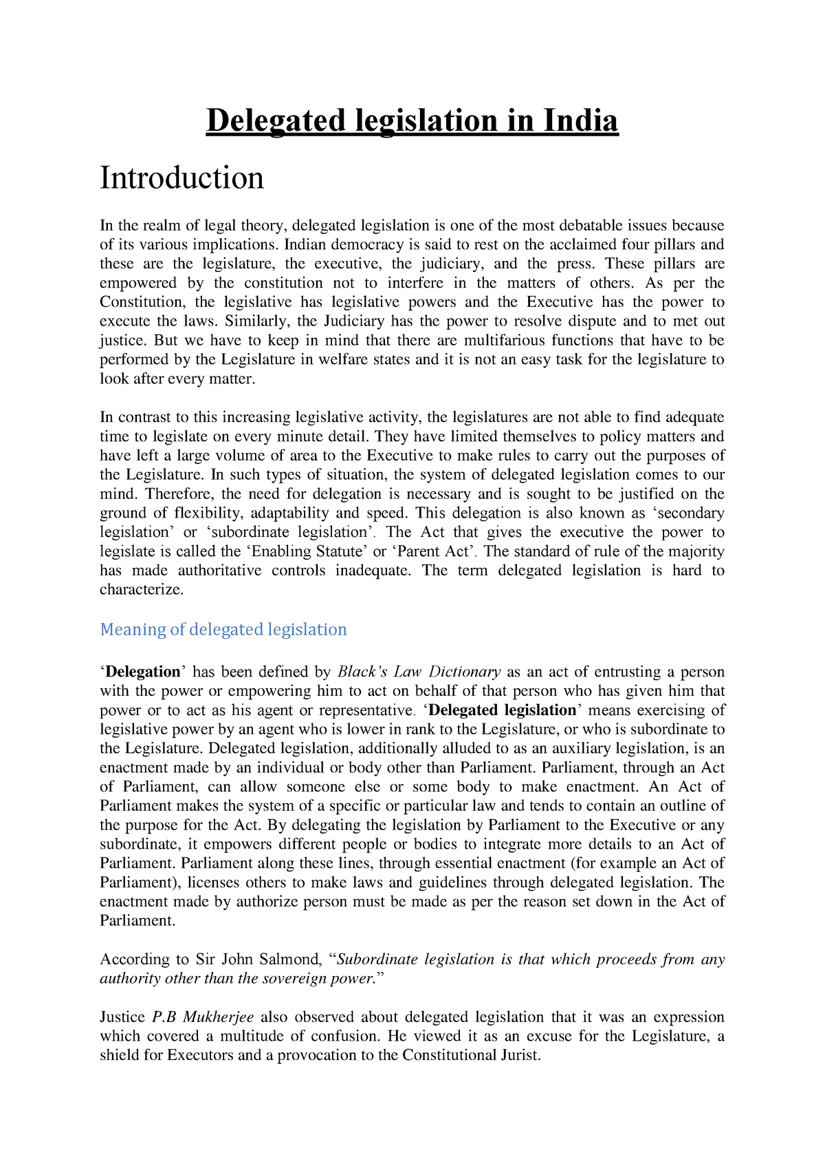 research paper on delegated legislation in india