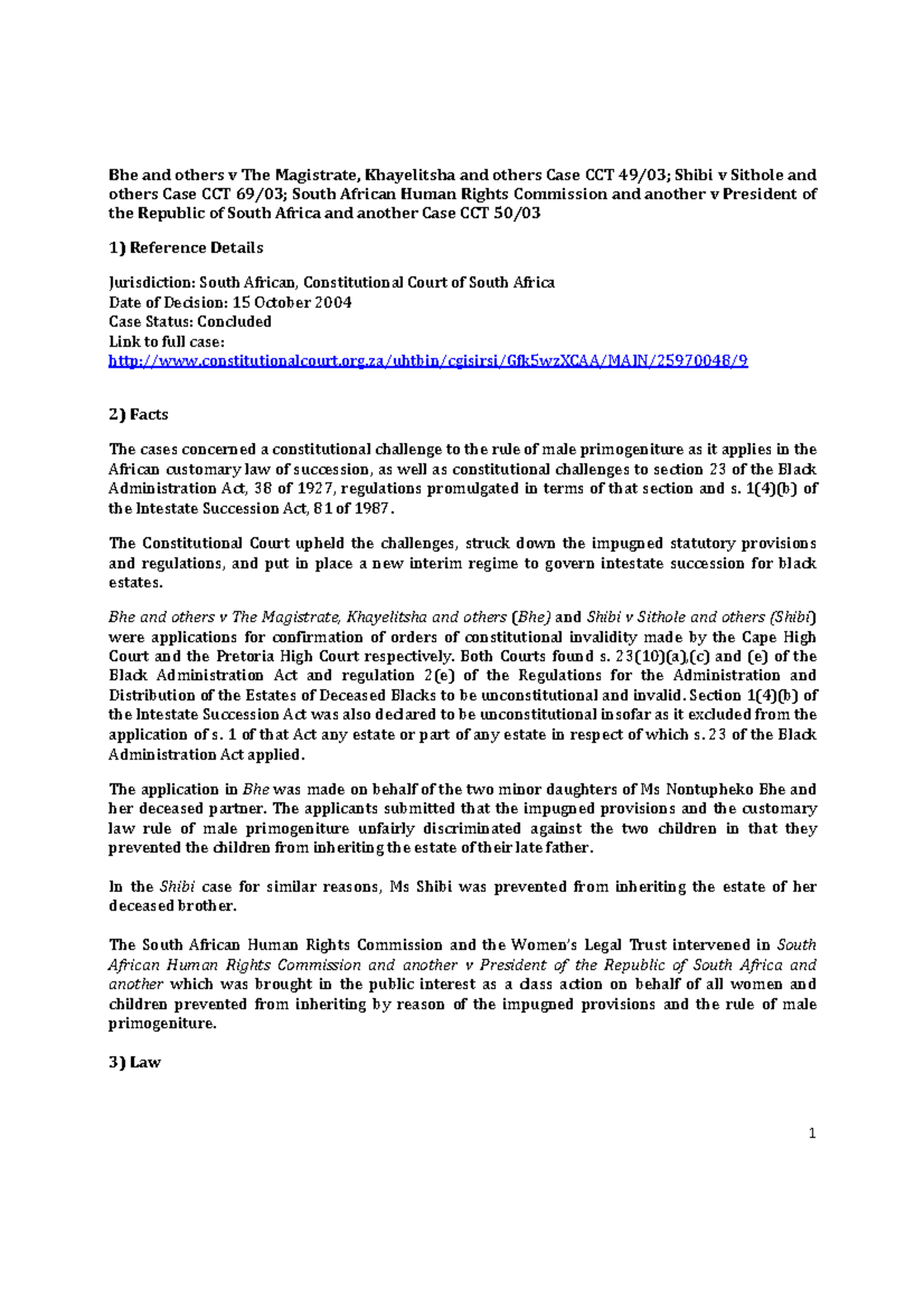 Bhe v Magistrate Khayelitsha - 1 Bhe and others v The Magistrate ...