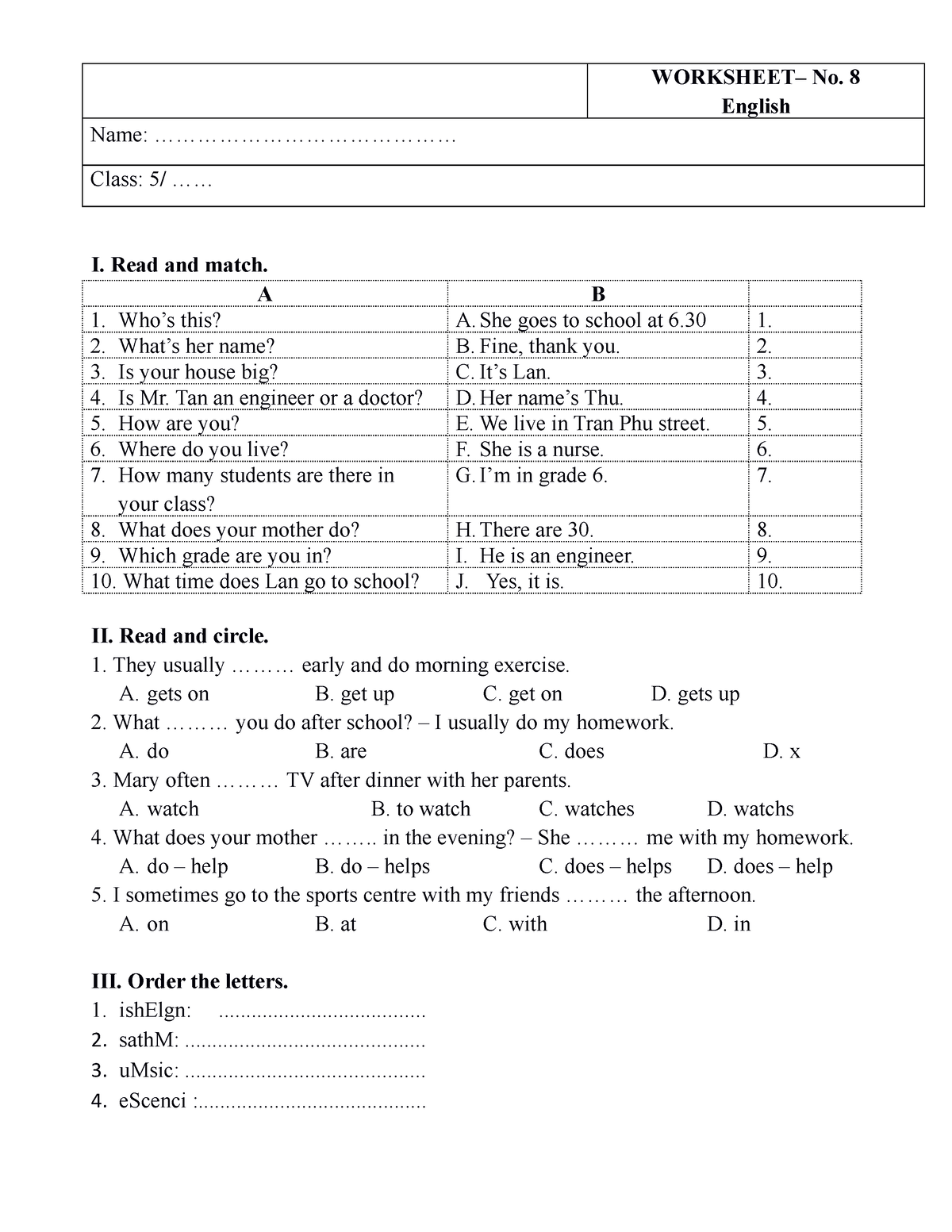 K5- Phieu BT SO 8 - aaaaaaaaaaaaaaaaaaa - WORKSHEET– No. 8 English Name ...