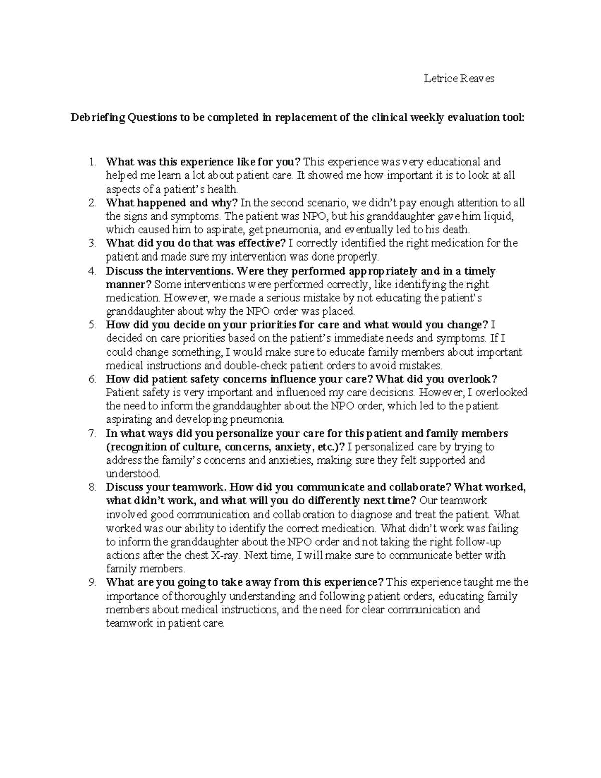 Sim Lab debriefing questions - Letrice Reaves Debriefing Questions to ...