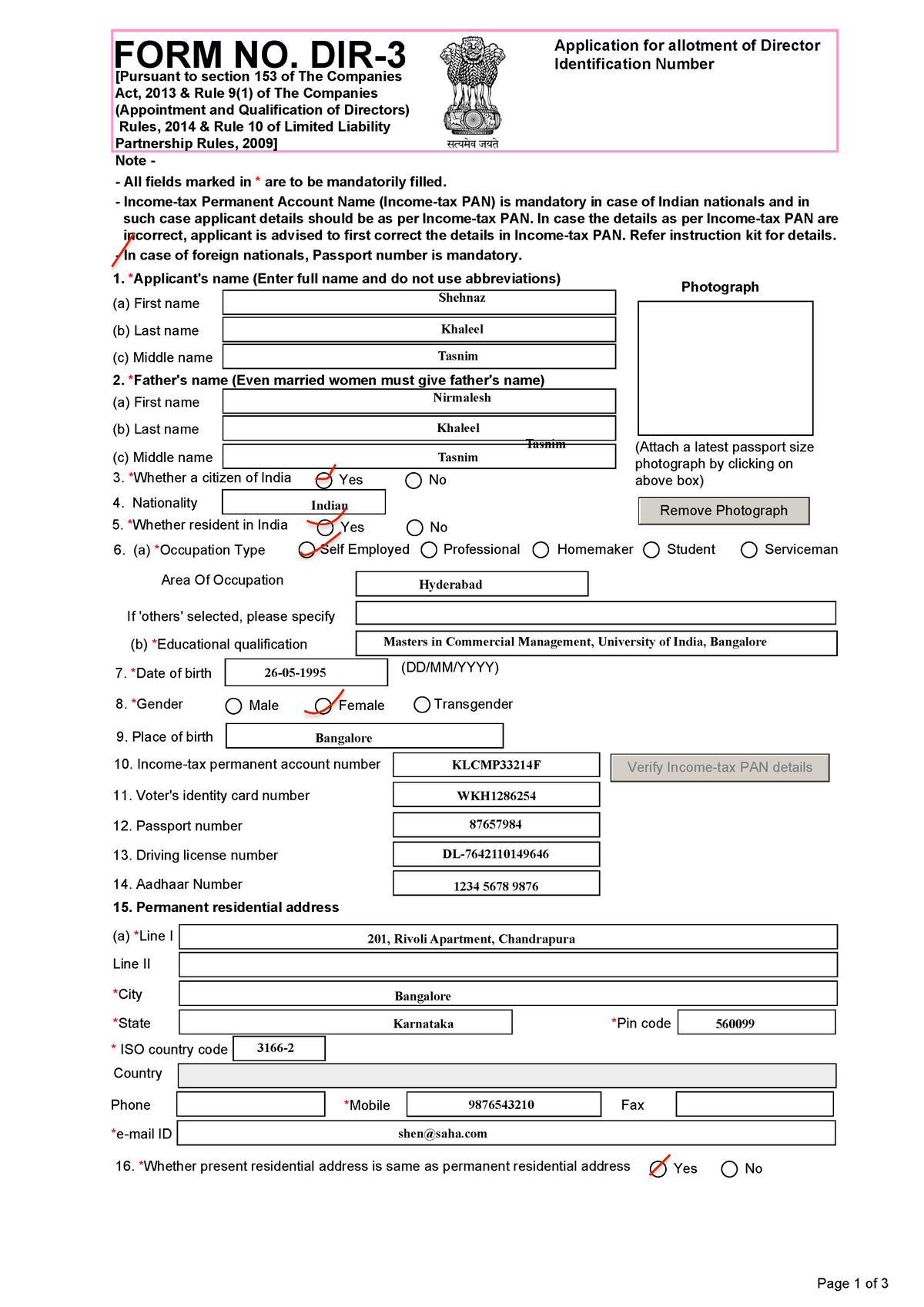 DIN 3 Shehnaz - Page 1 Of 3 (a) First Name (b) Last Name (c) Middle ...