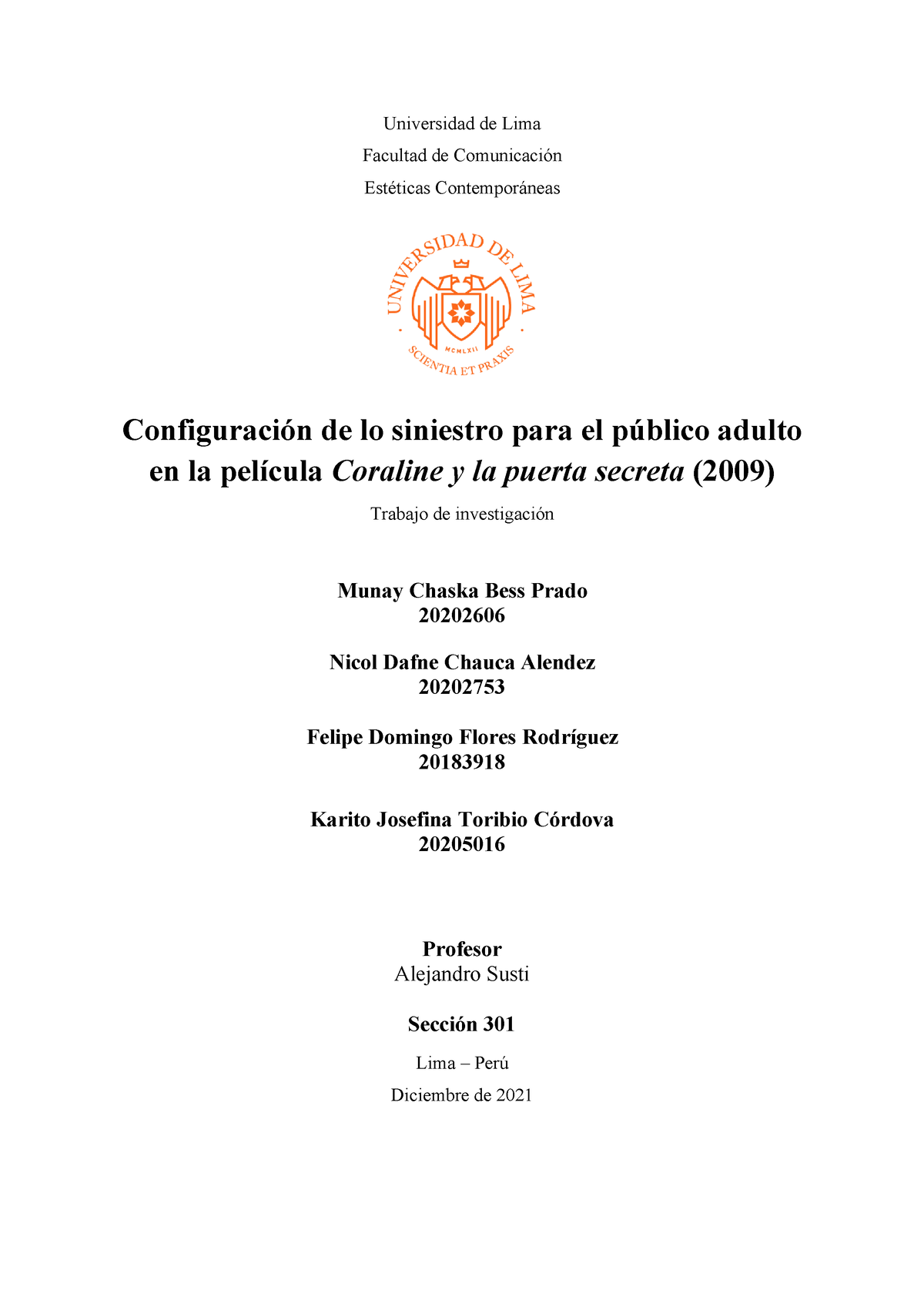 Coraline y la puerta secreta Grupo 5 Final - Universidad de Lima Facultad  de Comunicación Estéticas - Studocu