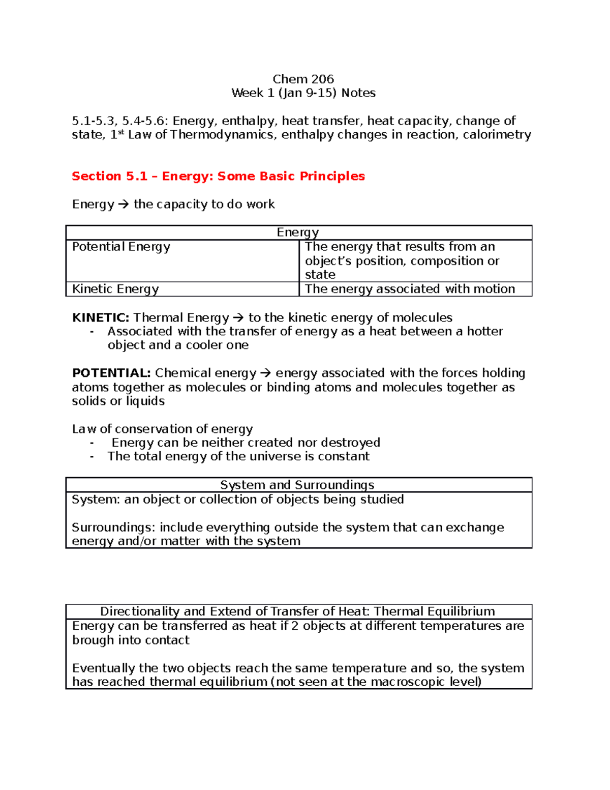 Chem 206 Week 1 Notes. Thermodynamics and Laws of Thermodynamics - Chem ...
