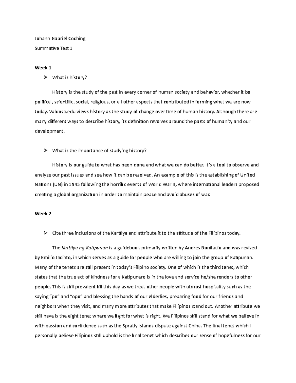 History M1Summative - Johann Gabriel Coching Summative Test 1 Week 1 ...