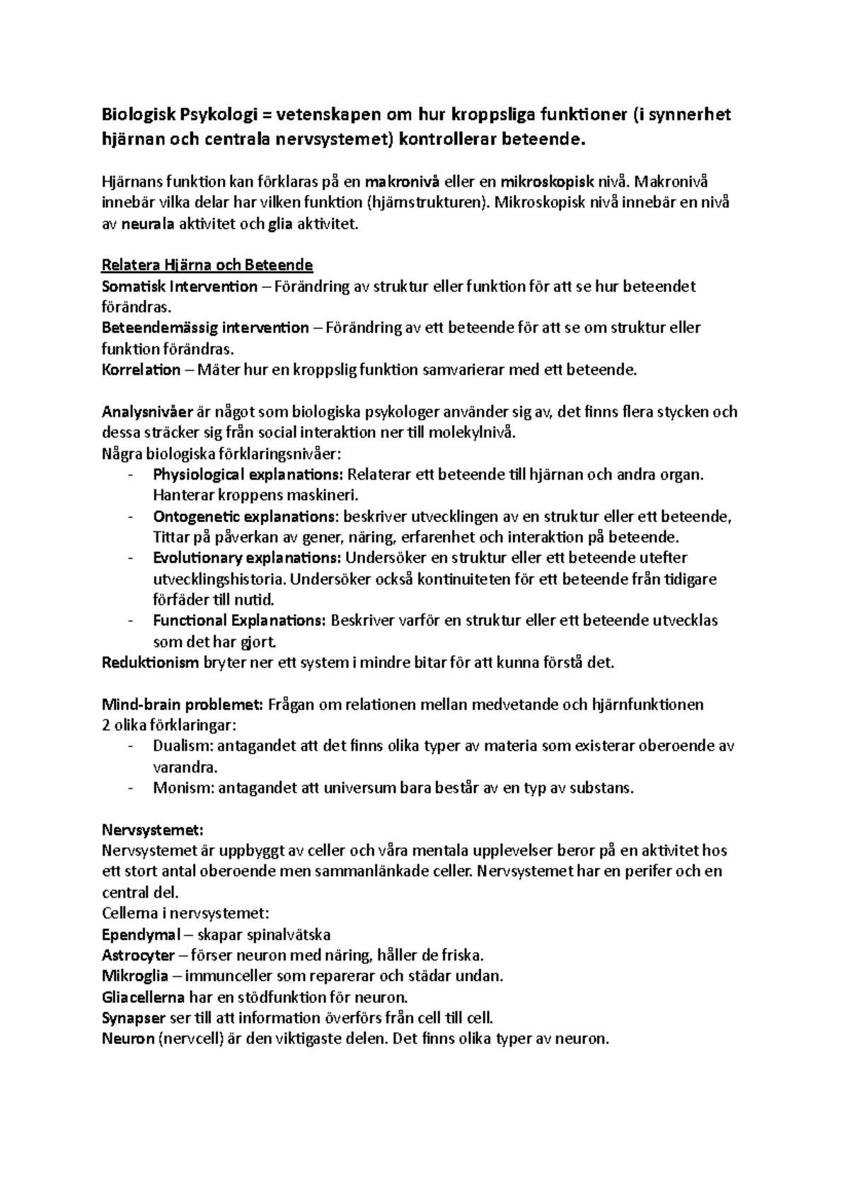 Biologisk Psykologi övningsmaterial - Biologisk Psykologi = Vetenskapen ...