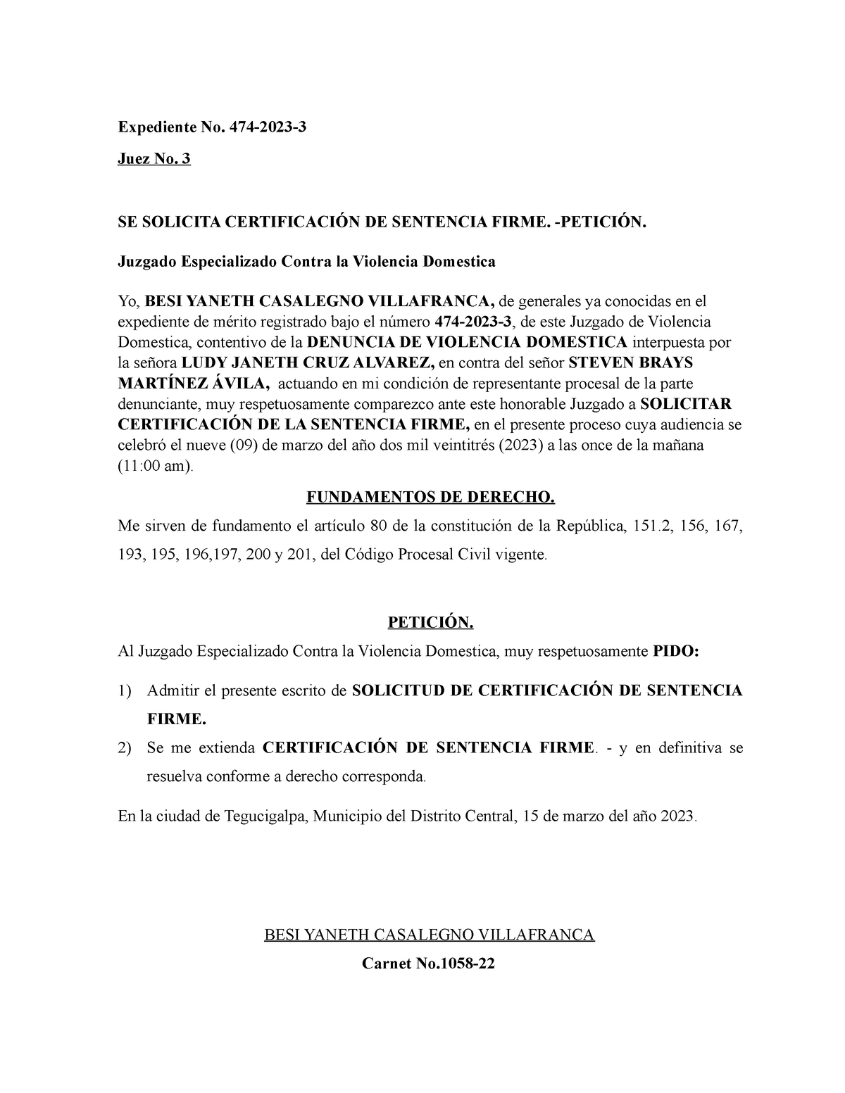 Certificación DE Solicitud DE Divorcio - Expediente No. 474-2023- Juez ...