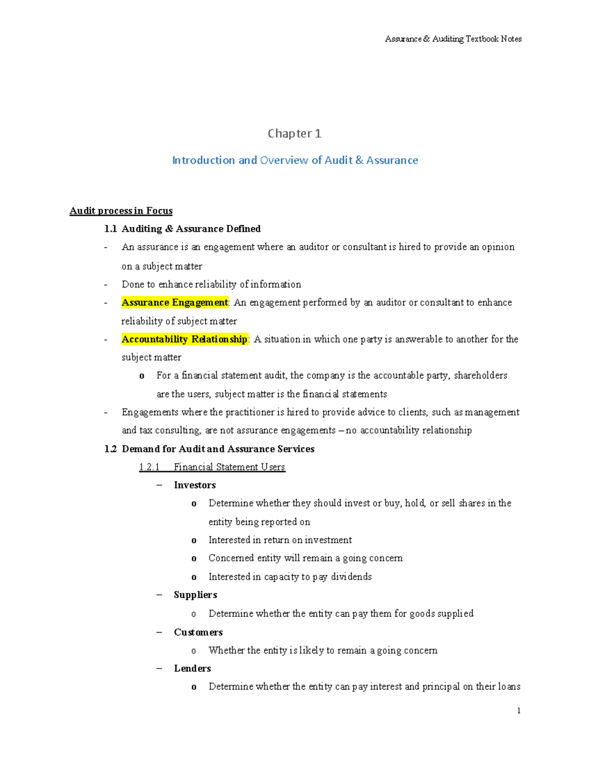 BFIN 331 - Assurance & Auditing (comprehensive) Textbook Notes ...