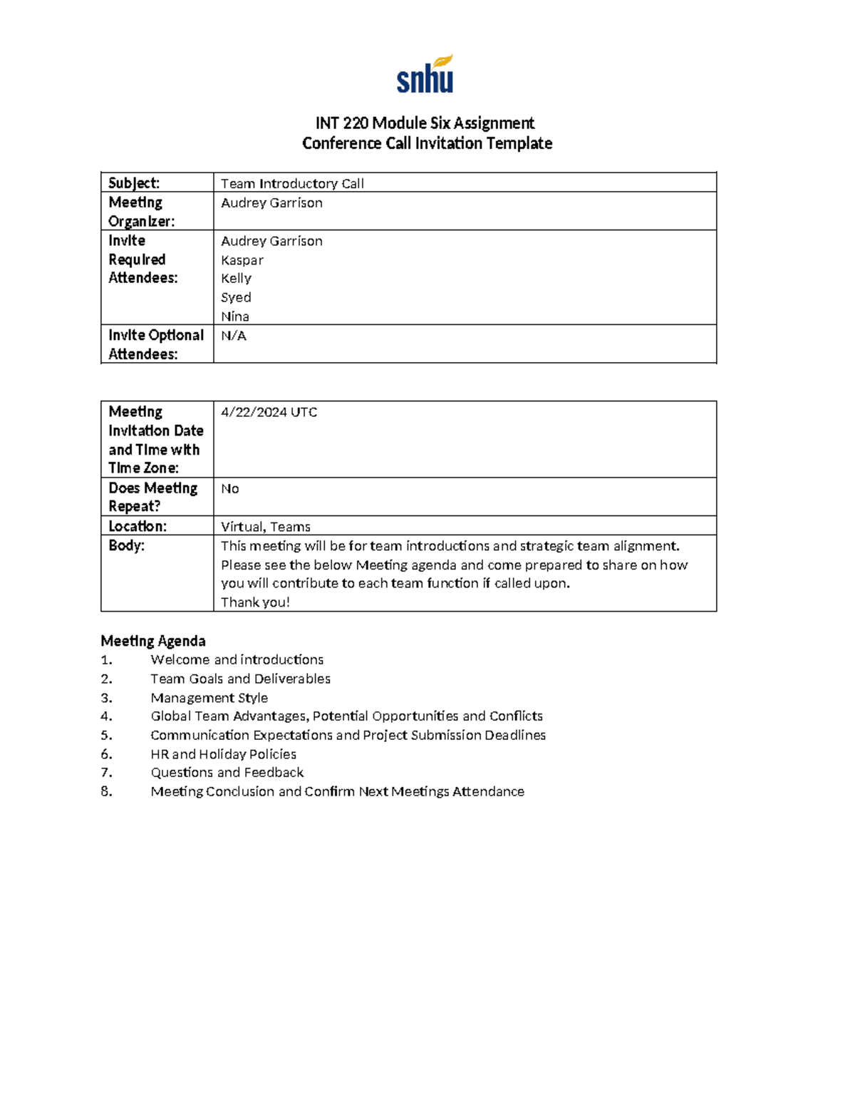 INT 220 Conference Call Invitation - INT 220 Module Six Assignment ...