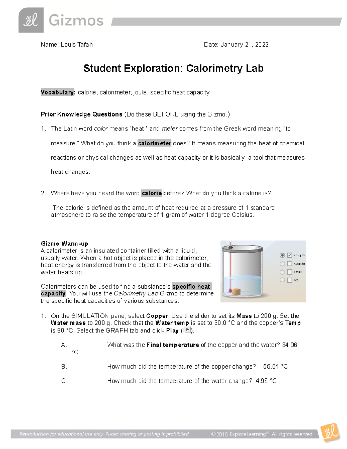 Calorimetry Lab SE Assignment Name Louis Tafah Date January 21