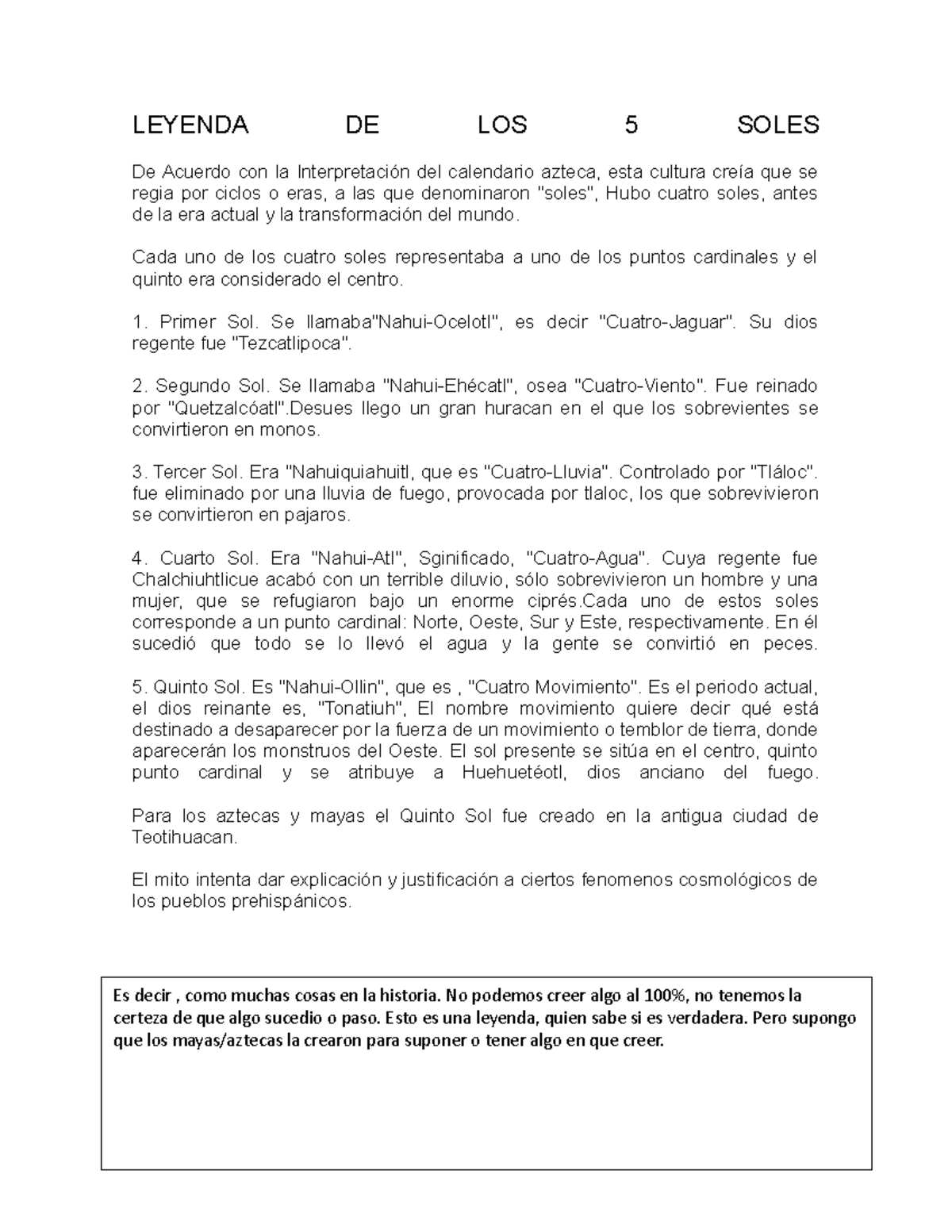 Leyenda De Los 5 Soles Nota 10 Historia Historia Educacion Studocu