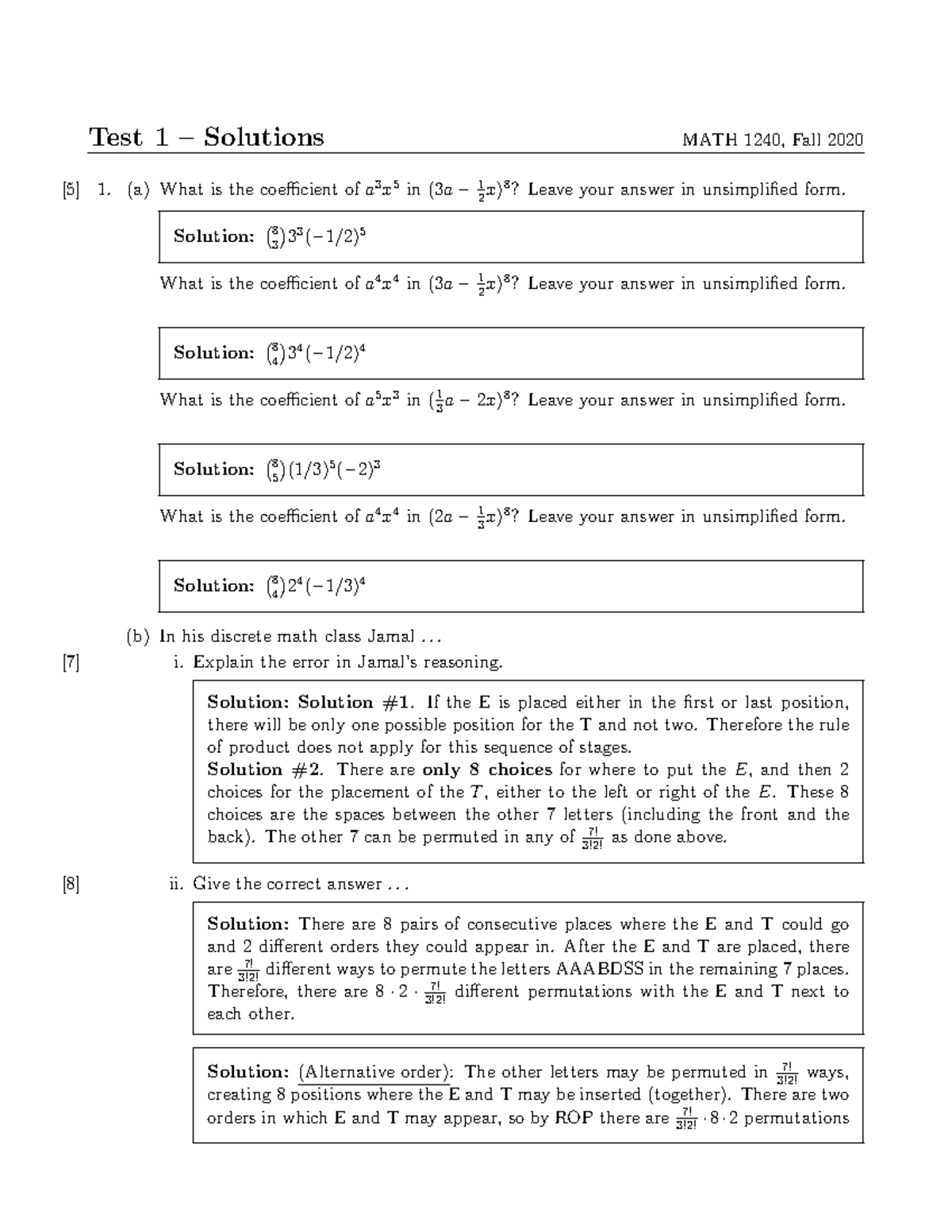 Test Spring 2020, questions and answers - Test 1 – Solutions MATH 1240 ...
