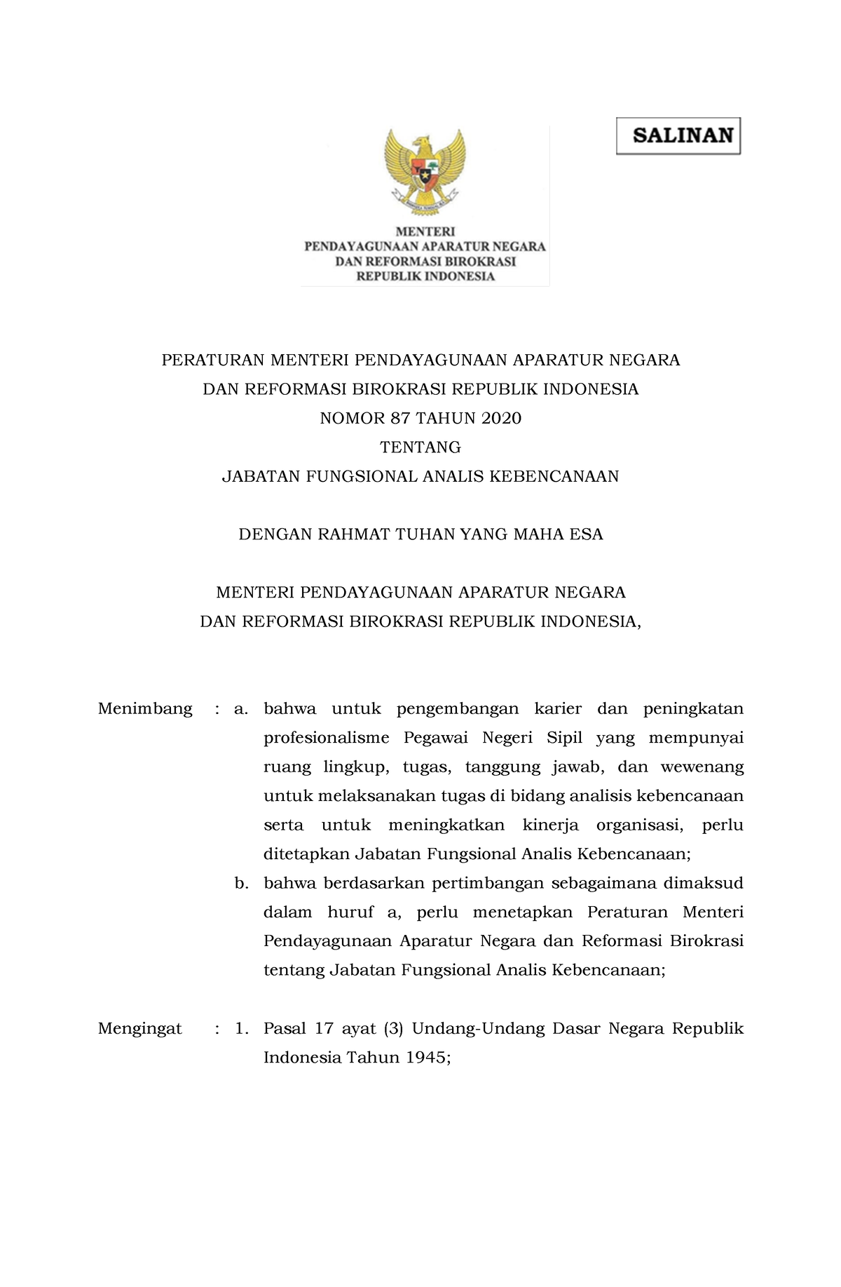 Permen Panrb No. 87 Tahun 2020 - PERATURAN MENTERI PENDAYAGUNAAN ...