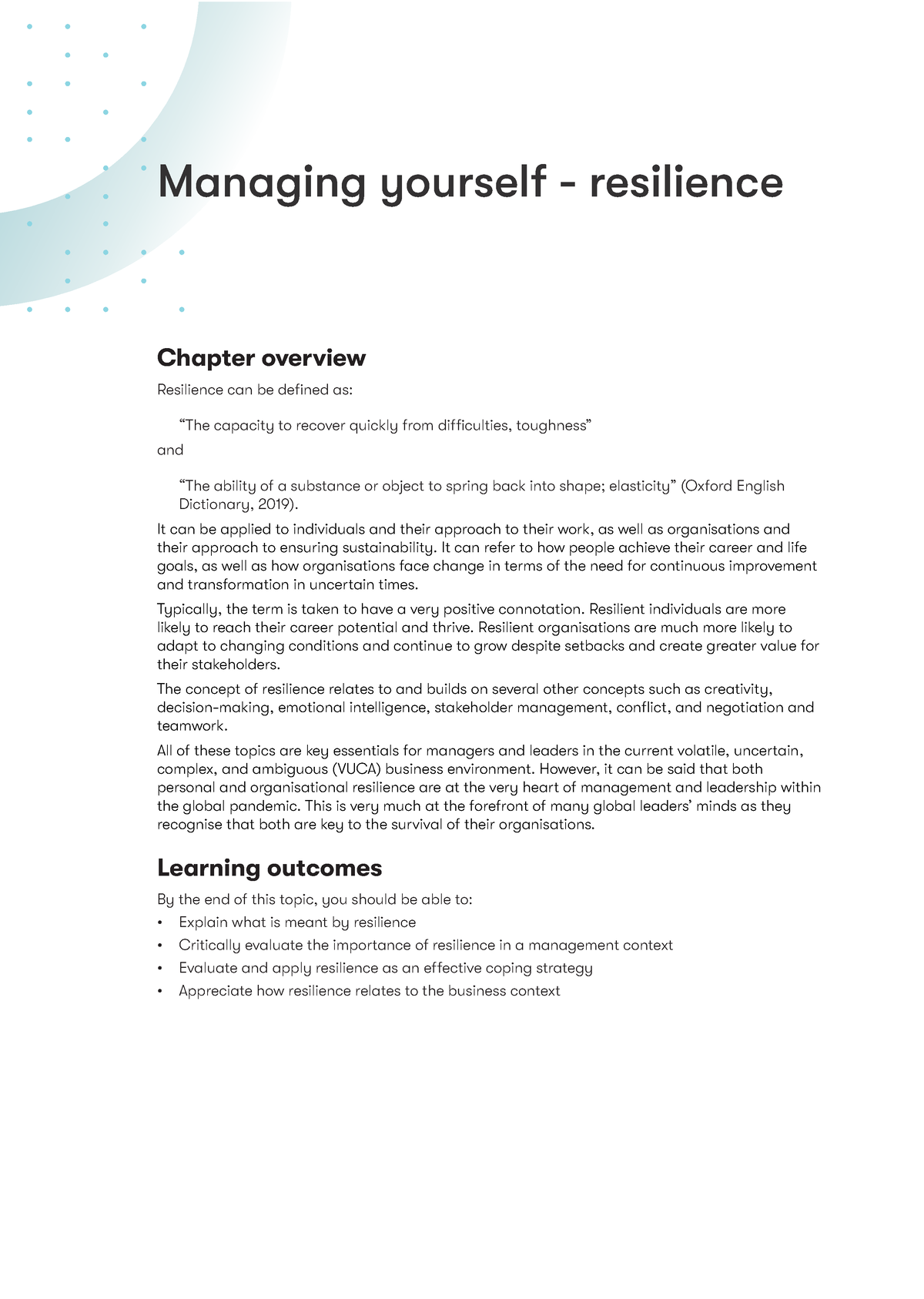 Topic 4 Workbook - Managing Yourself - Resilience - 1 Chapter Overview ...