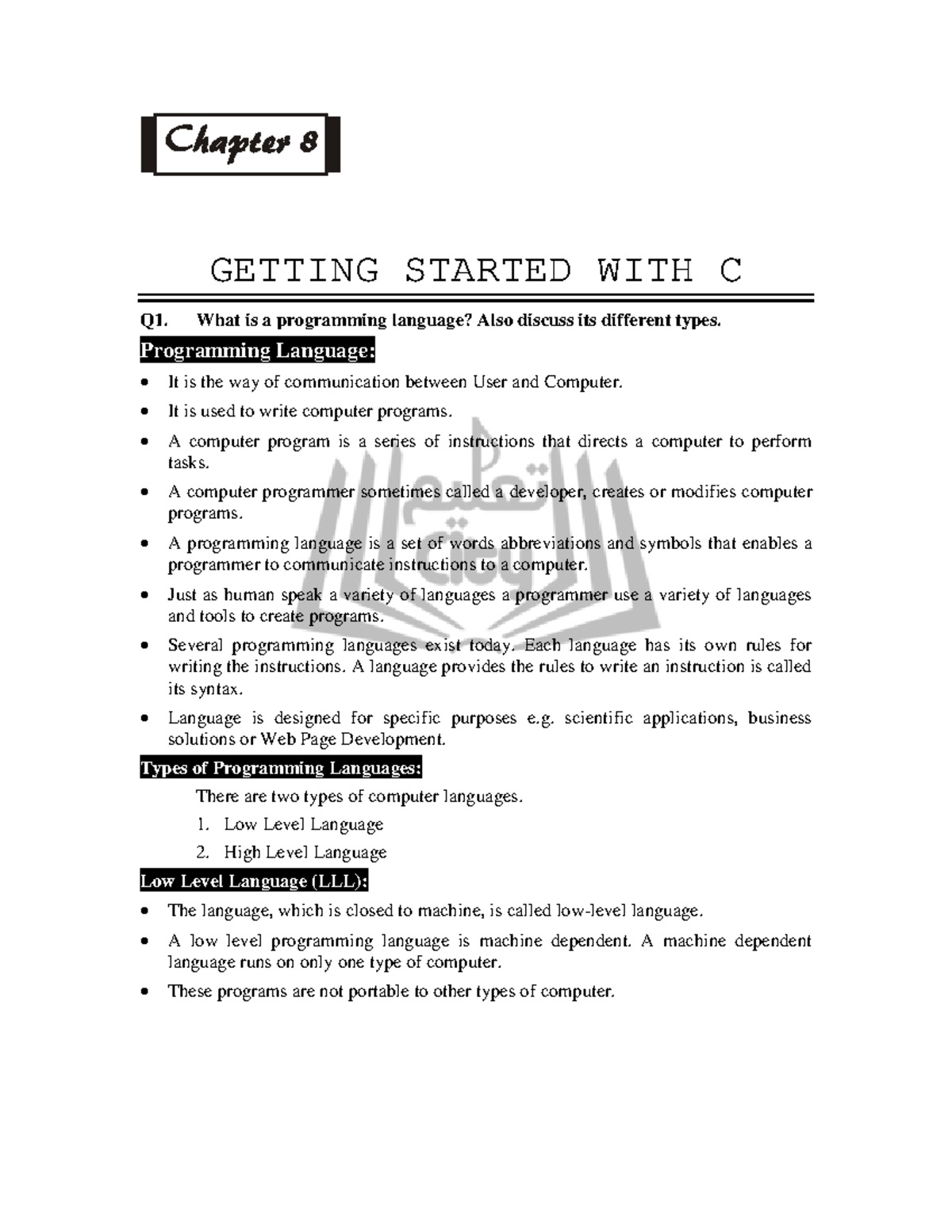 Computer 12 CH08 Notes - GETTING STARTED WITH C Q1. What is a ...