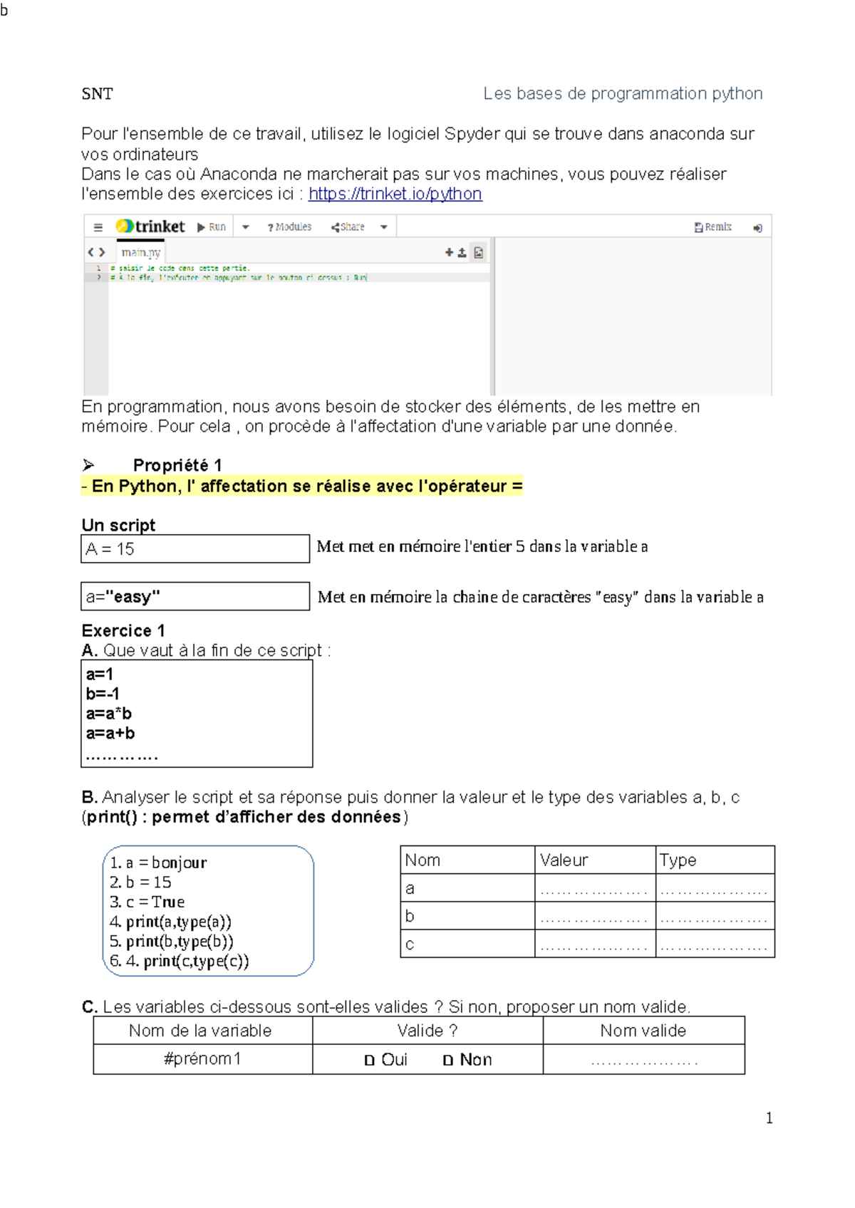 Des exercices pour apprendre à programmer en Python - SNT Les bases de ...