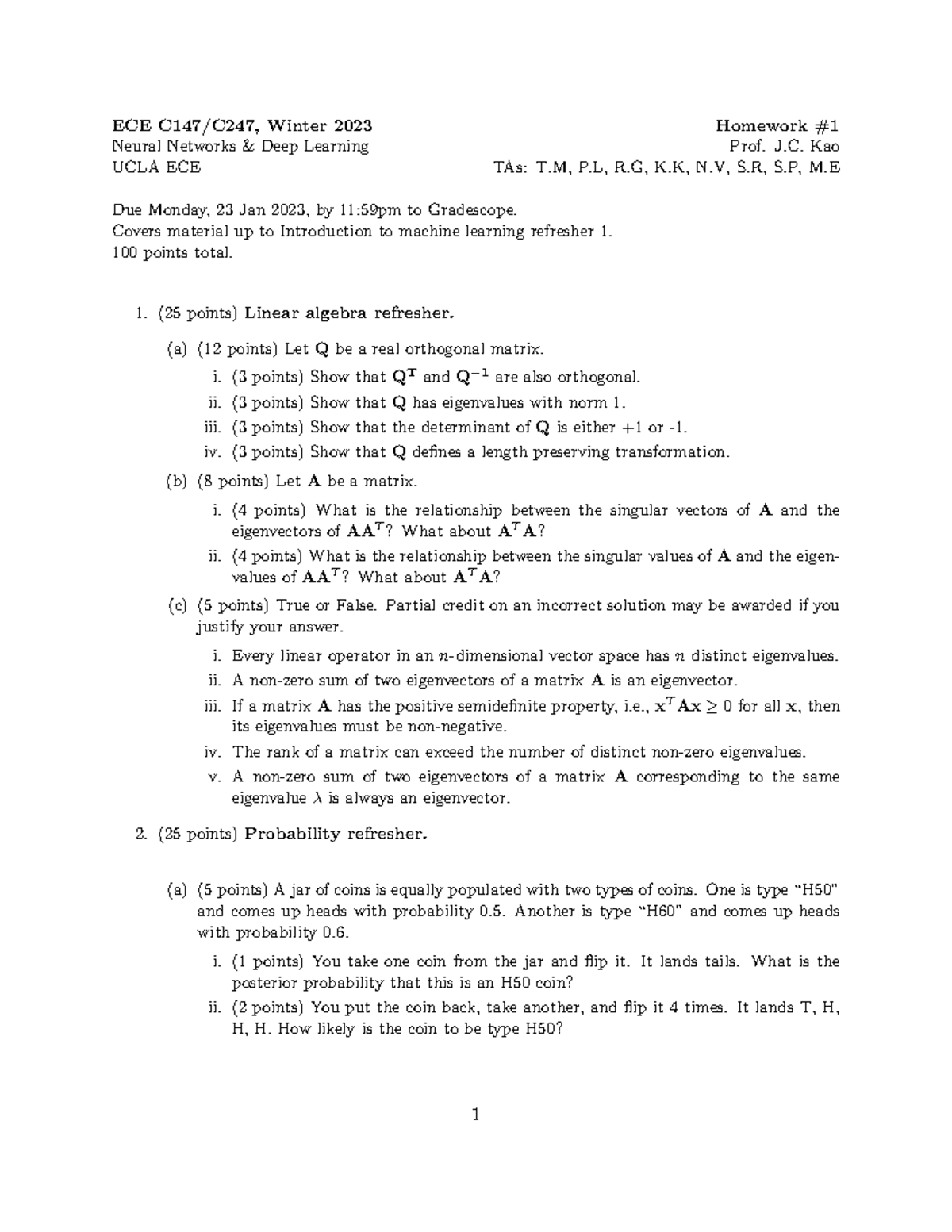 HW1 - Hw 1 - ECE C147/C247, Winter 2023 Homework # Neural Networks ...